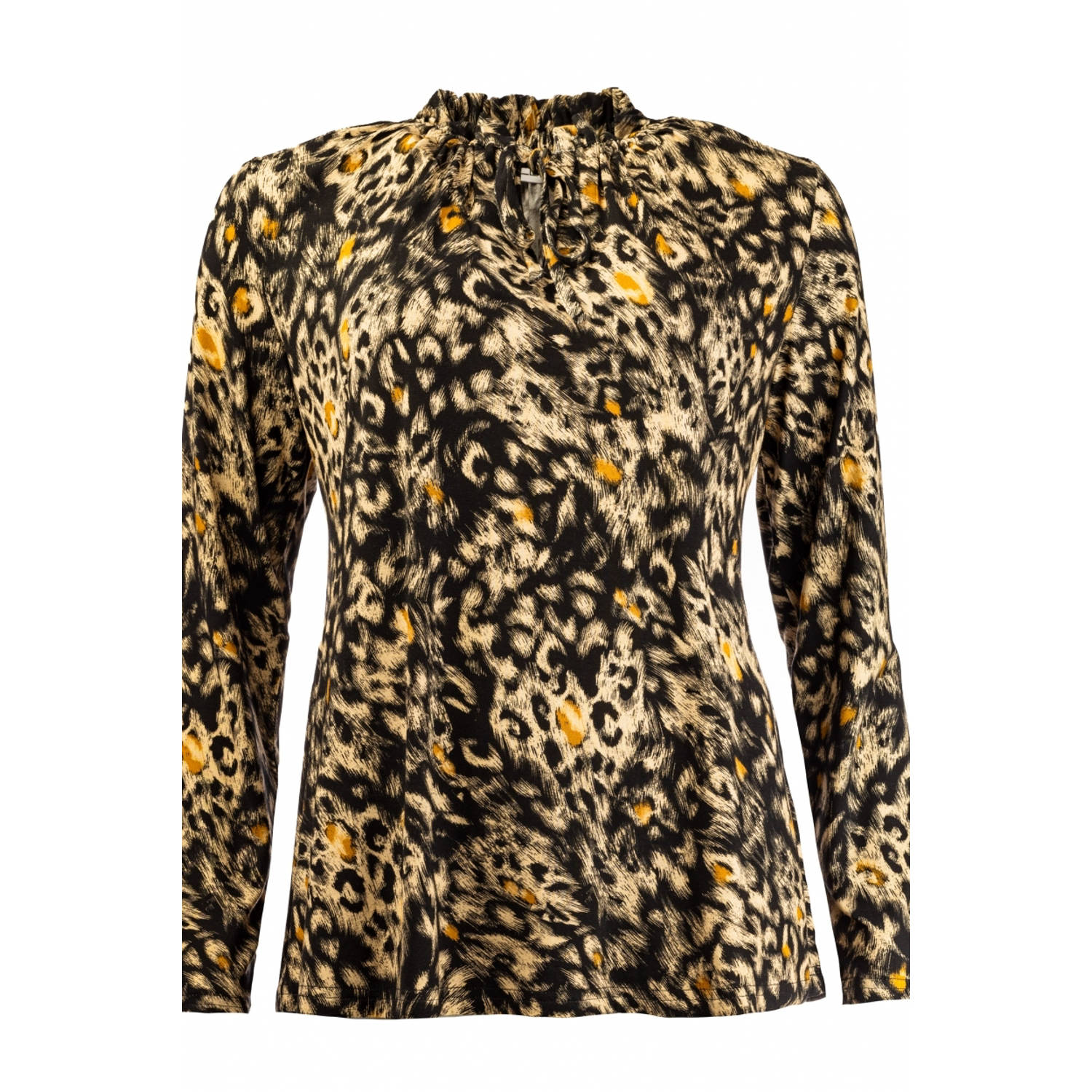 NED top Lizzans LS-TR Cuban Sand Animal Explore Tricot met panterprint en ruches