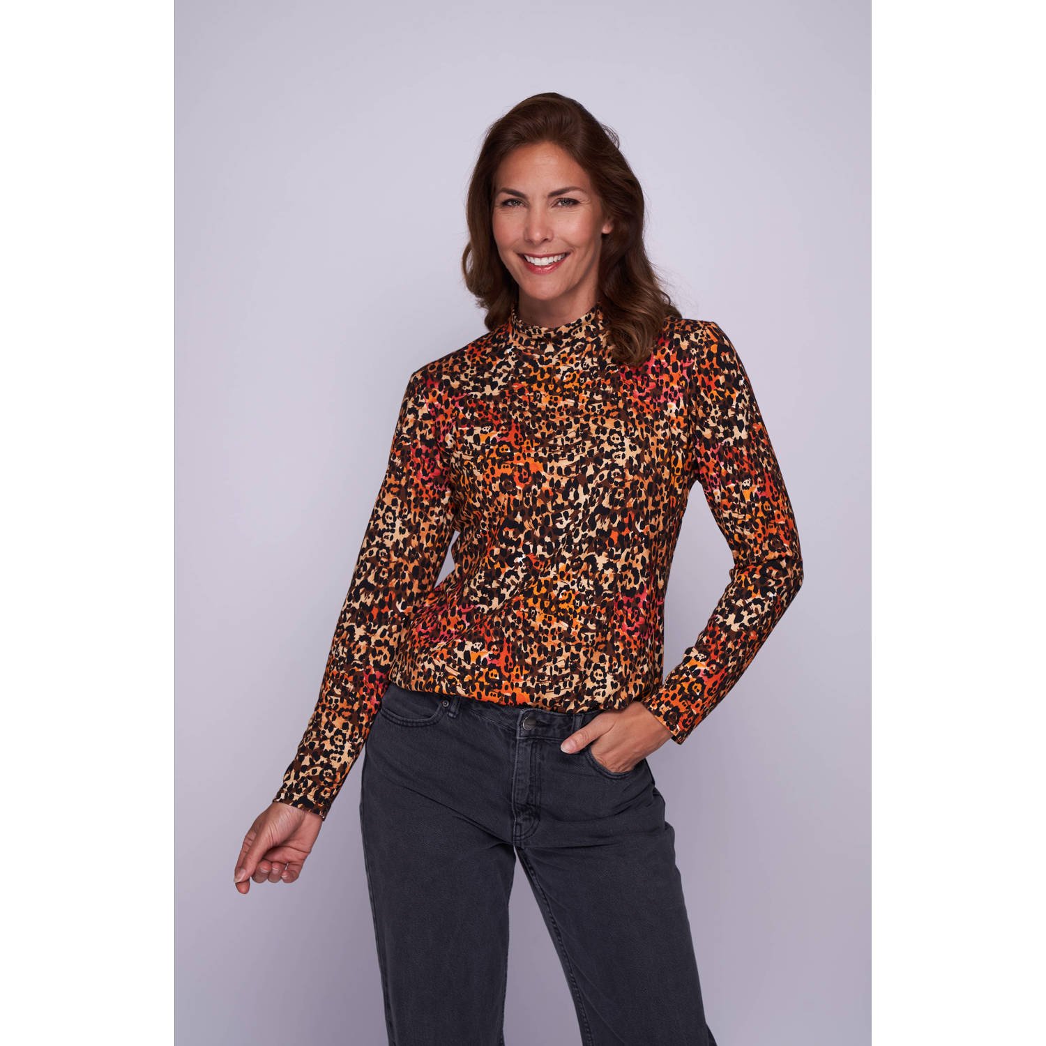 NED top Milans-LS Plain Colored Wild Styles Punta Tricot met dierenprint donker oranje bruin