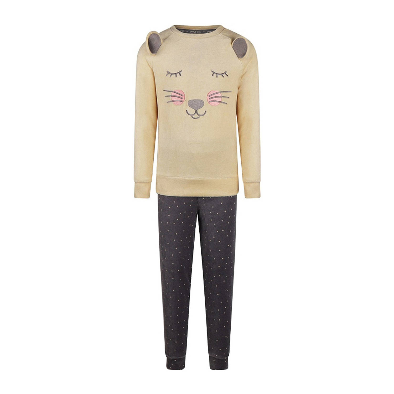 Charlie Choe pyjamaset fluweel beige grijs