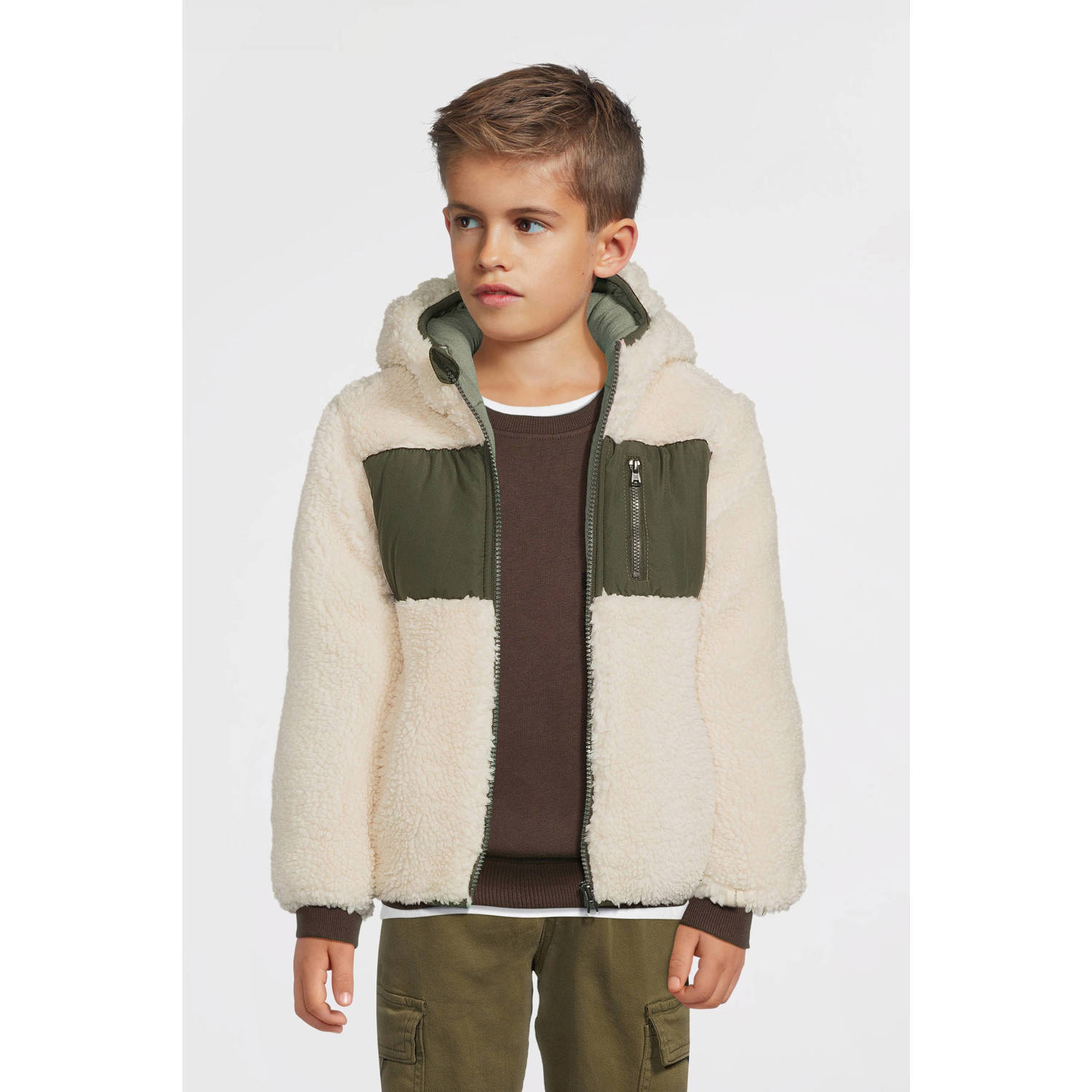 Koko Noko teddy winterjas wit olijfgroen