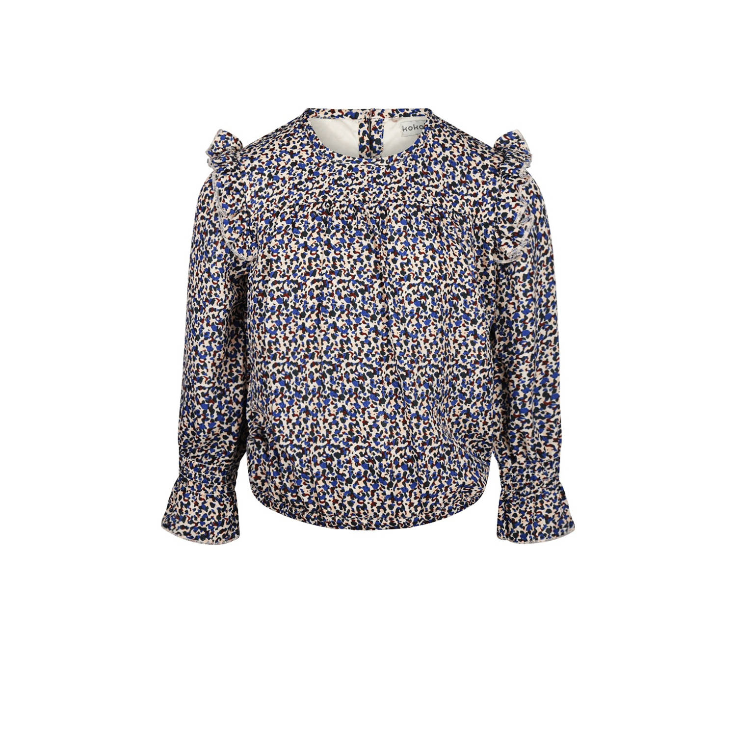 Koko Noko top met all over print en ruches blauw wit bruin