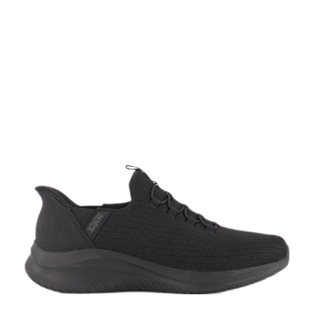 Zwarte dames Skechers slip-on sneakers van textiel met elastische veters