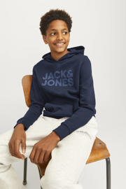 thumbnail: Donkerblauwe jongens JACK & JONES JUNIOR hoodie van sweat materiaal met logo dessin, lange mouwen en capuchon
