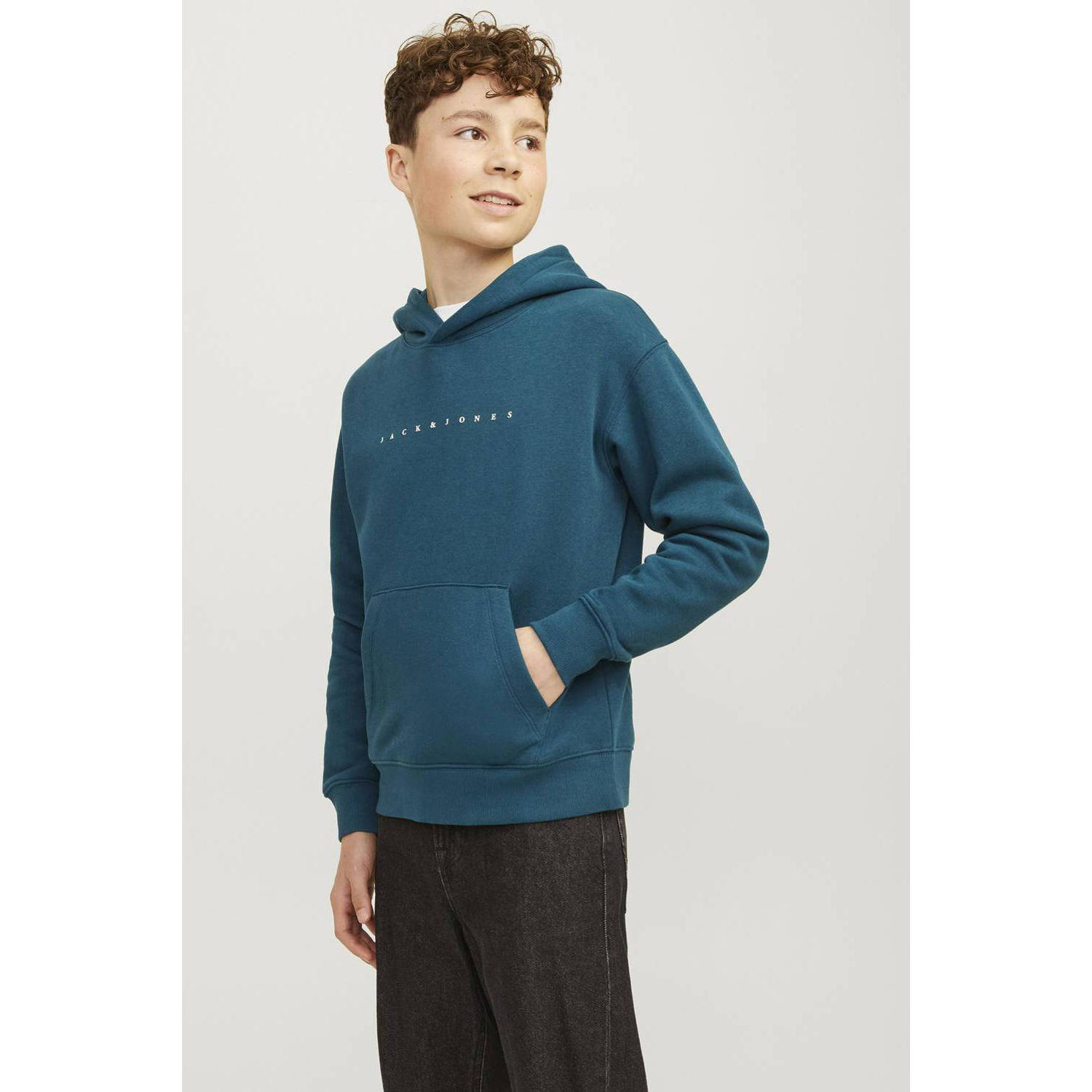 Jack & jones JUNIOR hoodie JJESTAR met logo petrol Sweater Groen Tekst 128