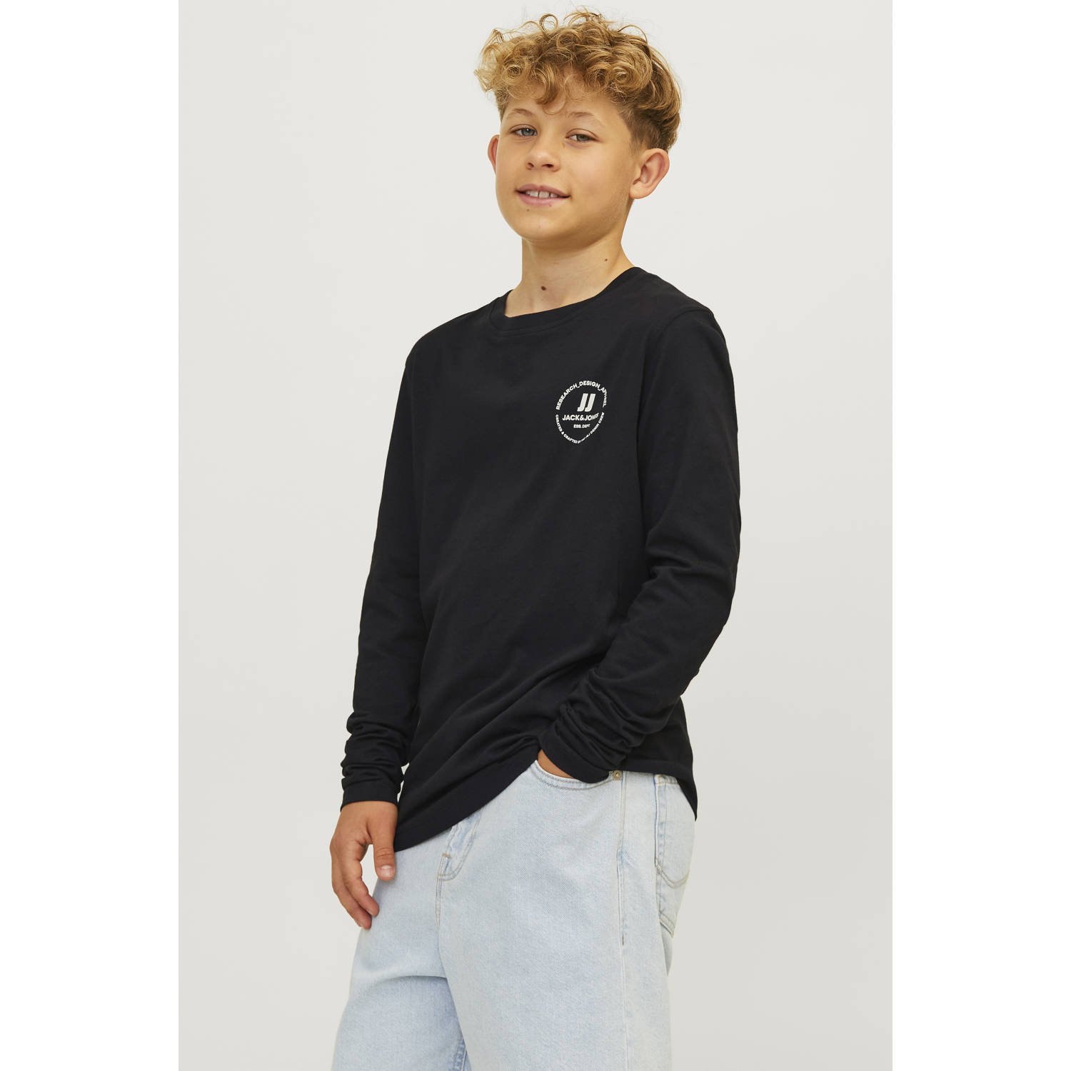 Jack & jones JUNIOR longsleeve JJESWIFT met printopdruk zwart Jongens Katoen Ronde hals 128