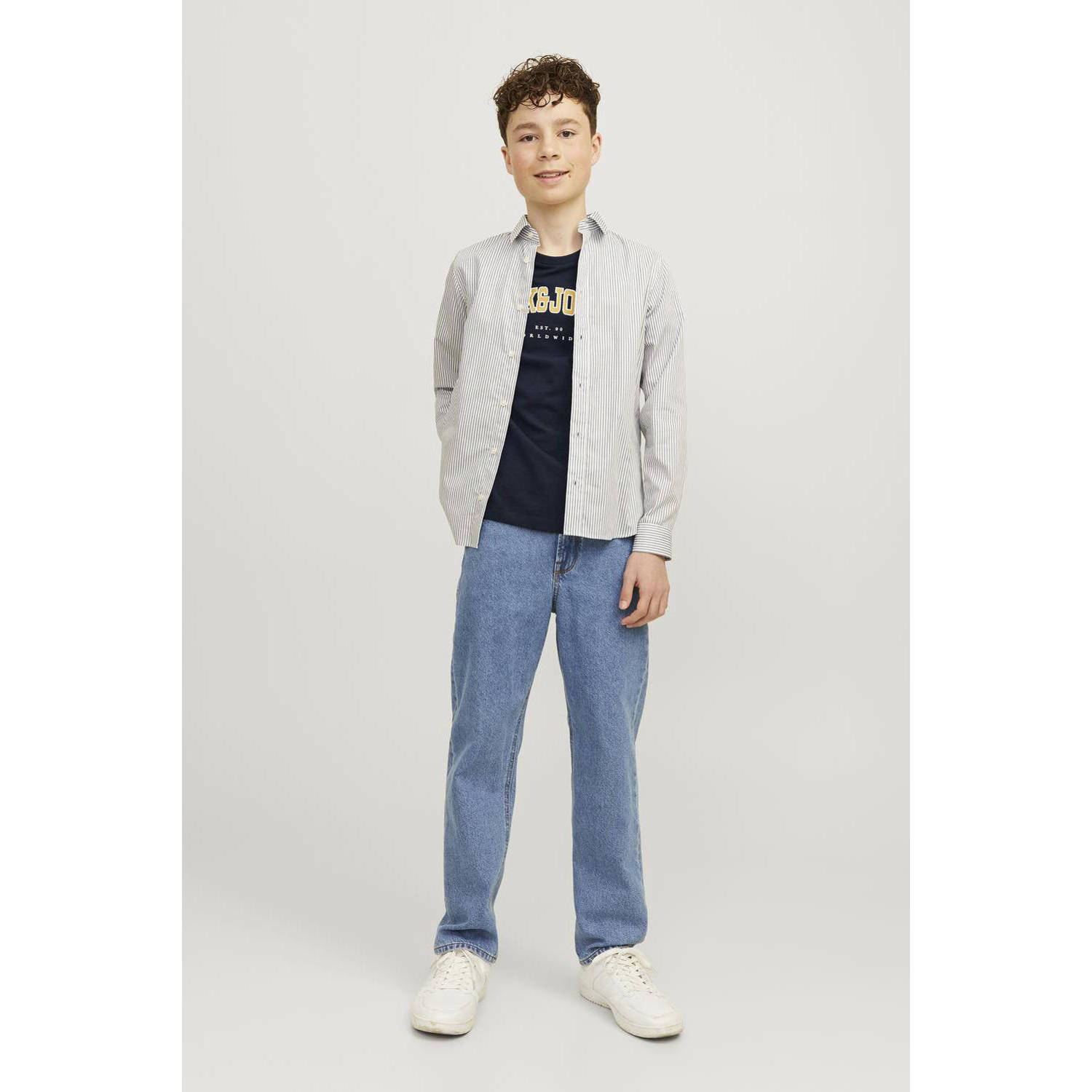 JACK & JONES JUNIOR T-shirt JJECALEB VARSITY met logo donkerblauw