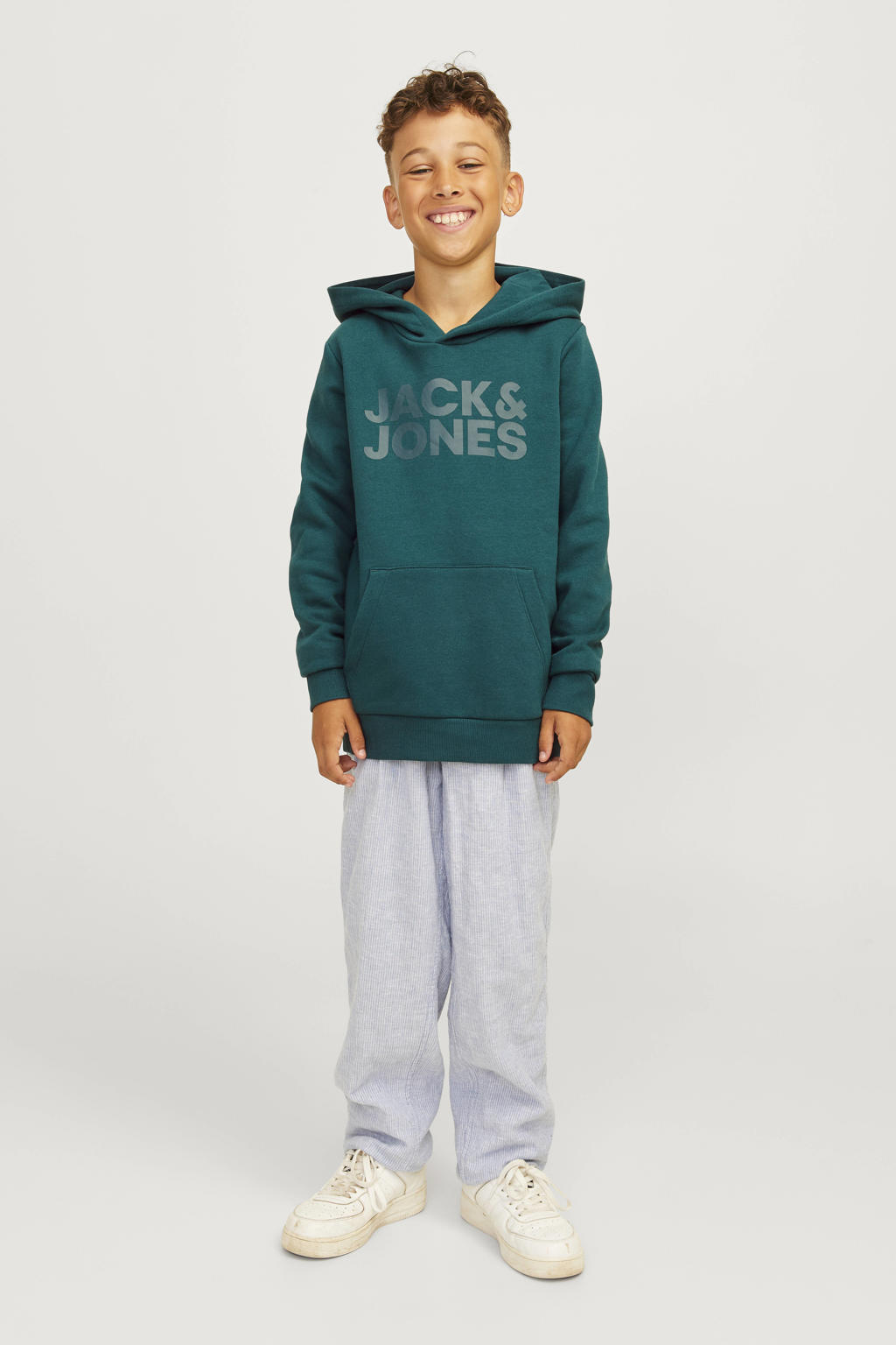 Groene jongens JACK & JONES JUNIOR hoodie van sweat materiaal met logo dessin, lange mouwen en capuchon