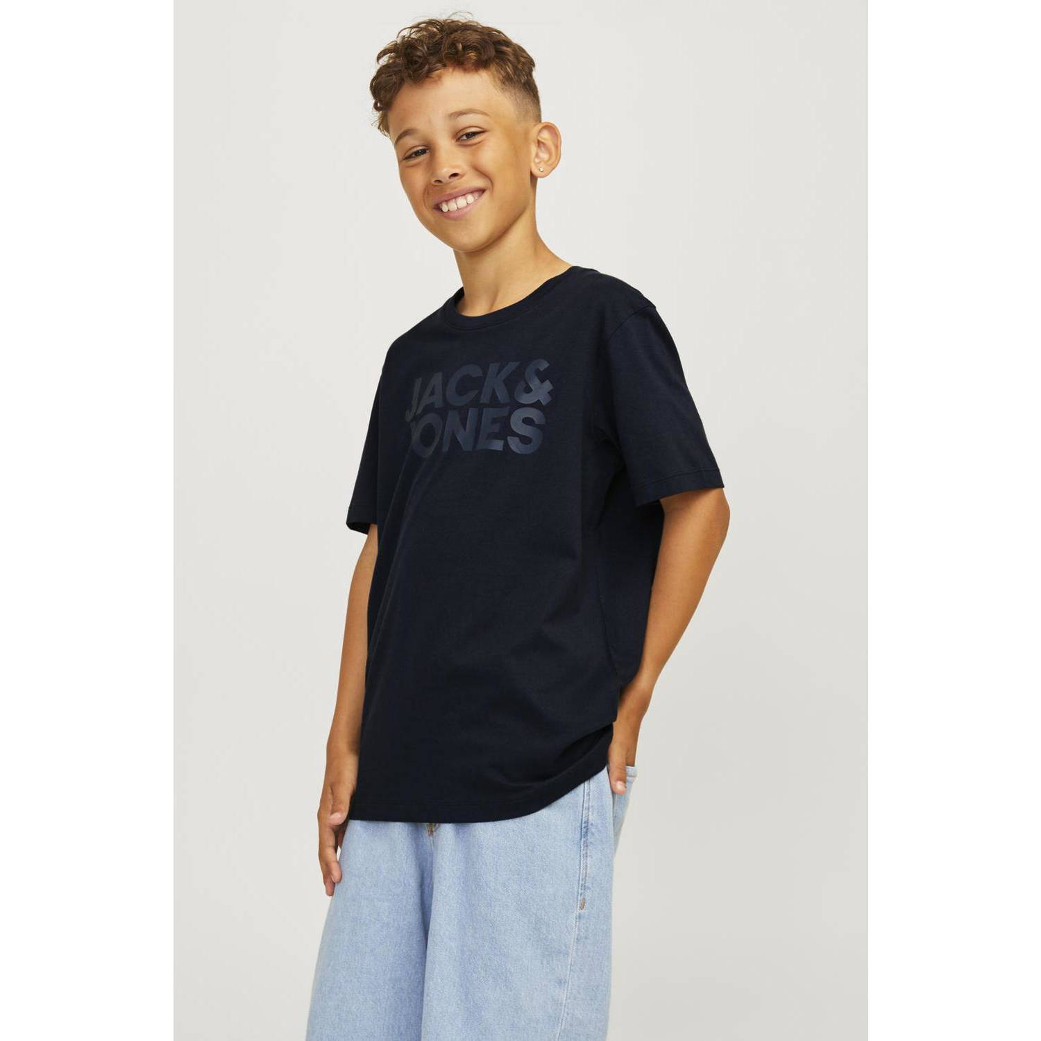 Jack & jones JUNIOR T-shirt JJECORP met tekst marine Blauw Jongens Katoen Ronde hals 164