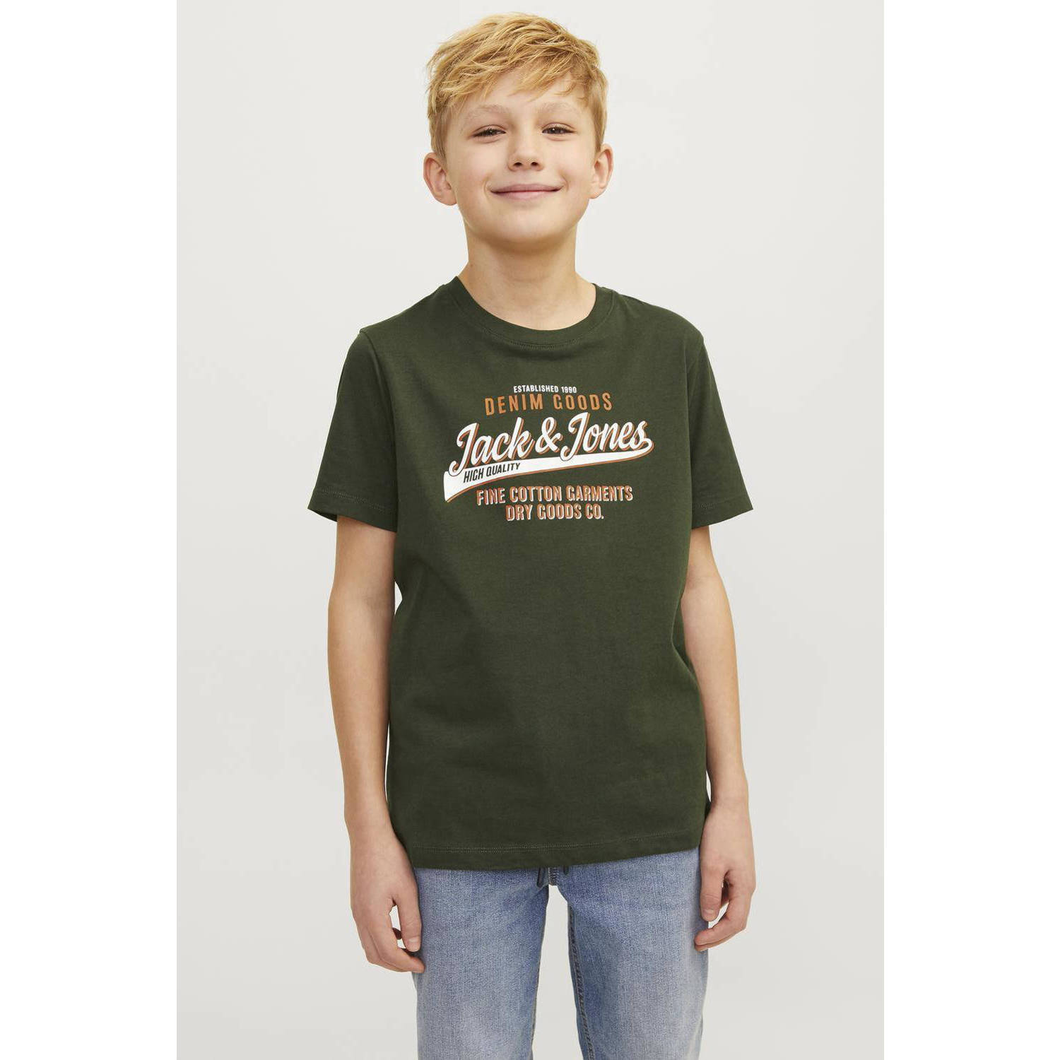 Jack & jones JUNIOR T-shirt JJELOGO met logo warm donkergroen Jongens Katoen Ronde hals 140