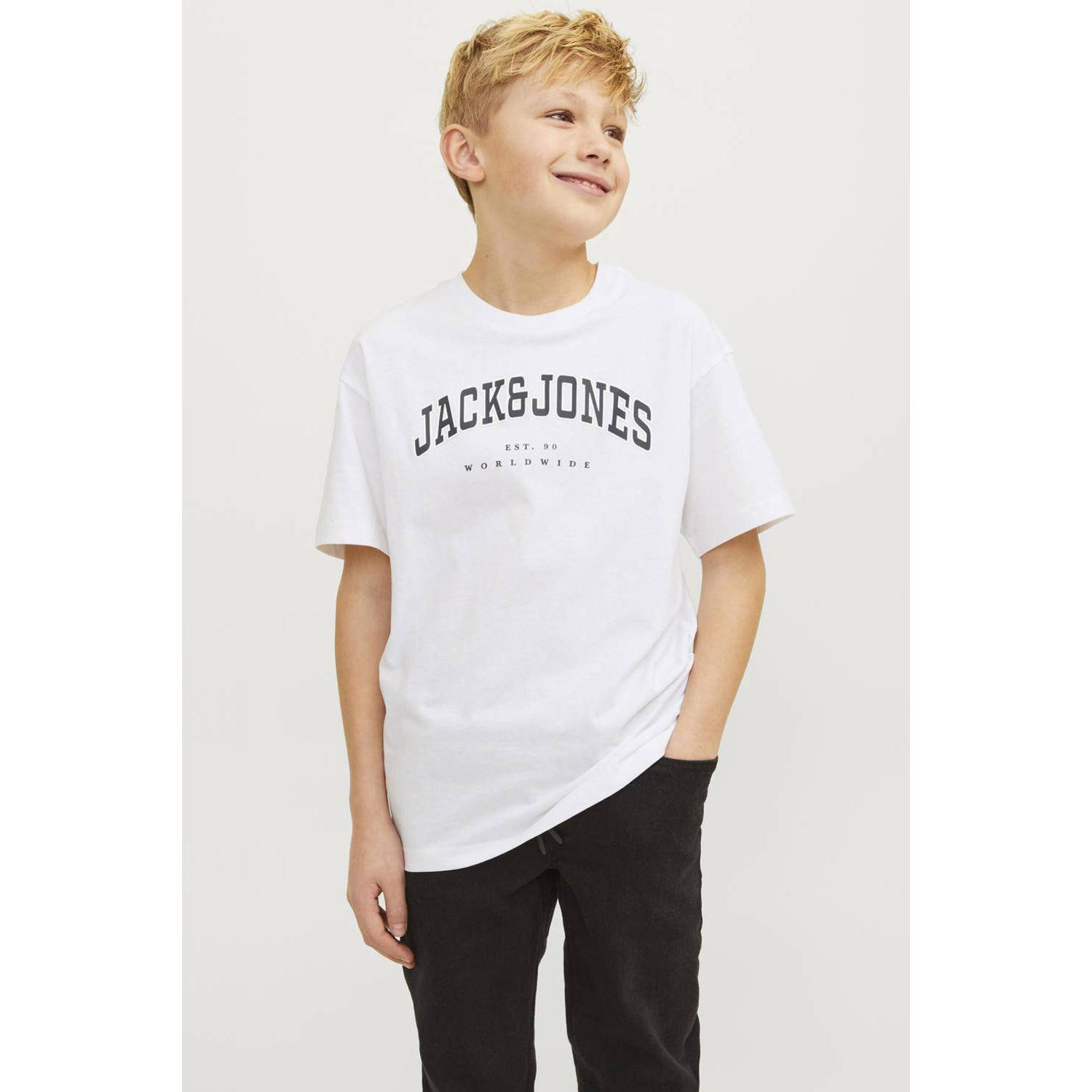 Jack & jones JUNIOR T-shirt JJECALEB VARSITY met logo wit Jongens Katoen Ronde hals 128