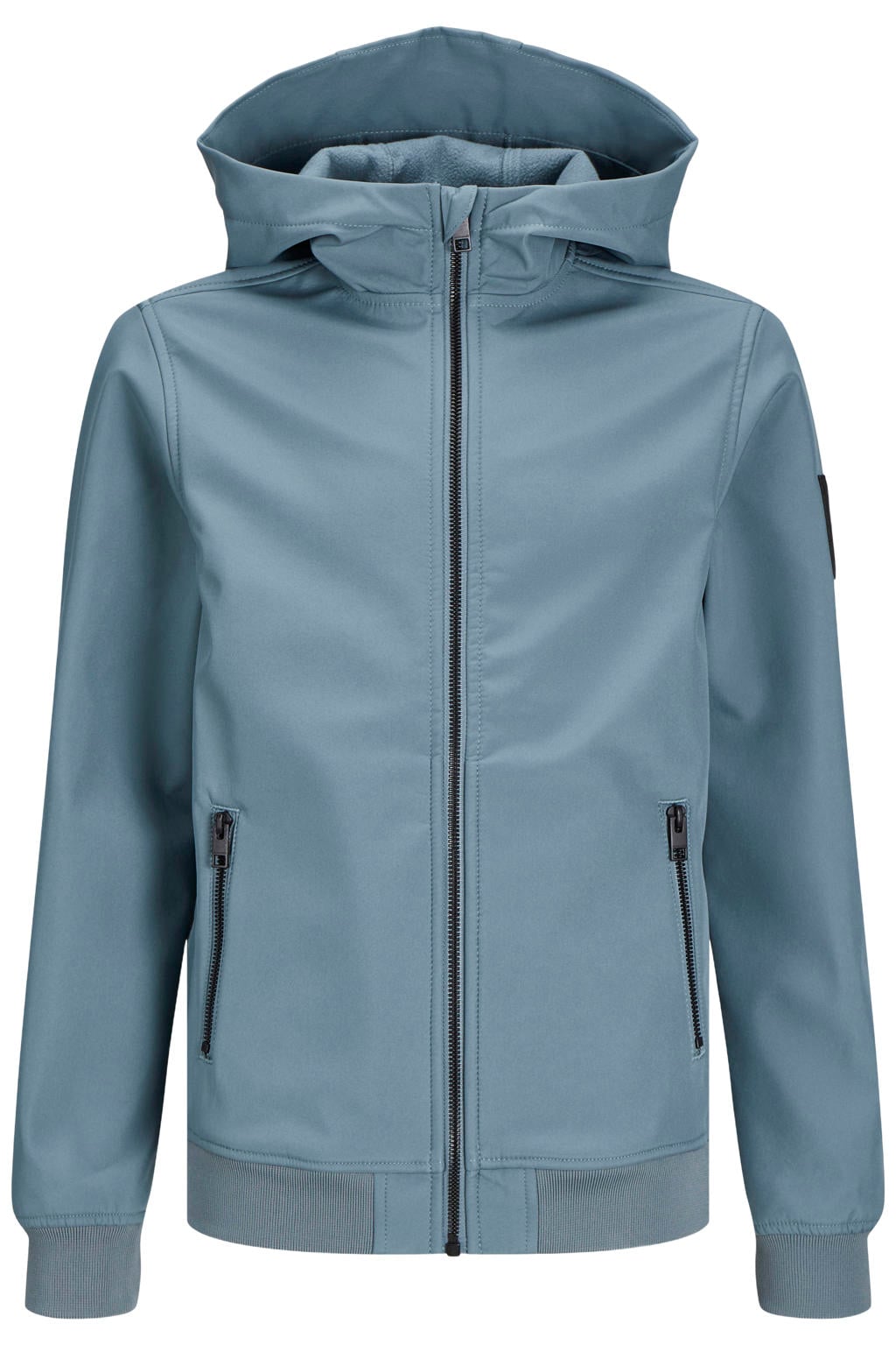 Blauwe jongens JACK & JONES JUNIOR softshell jas met effen, lange mouwen, capuchon, ritssluiting en geribde boorden