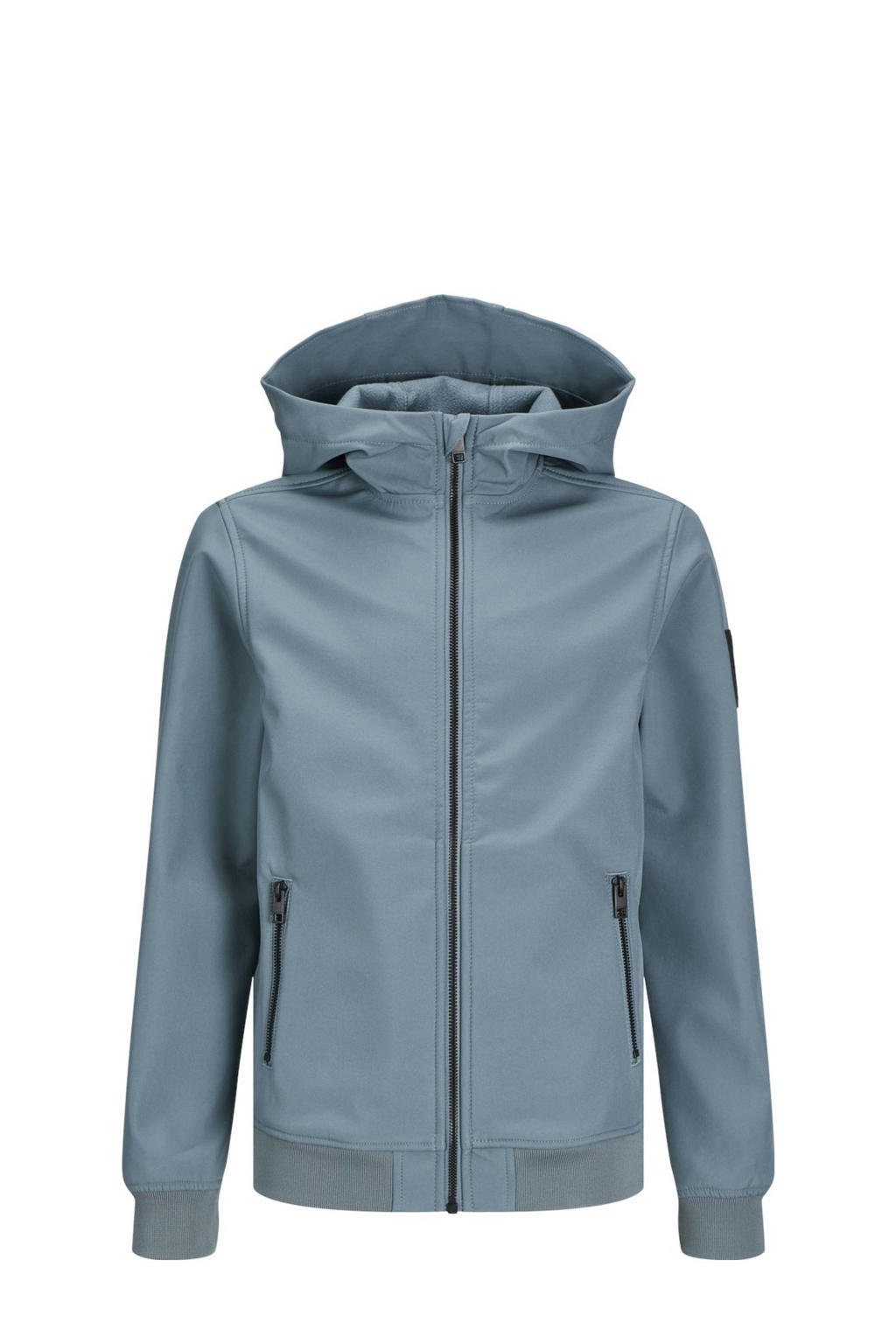 Blauwe jongens JACK & JONES JUNIOR softshell jas met effen, lange mouwen, capuchon, ritssluiting en geribde boorden