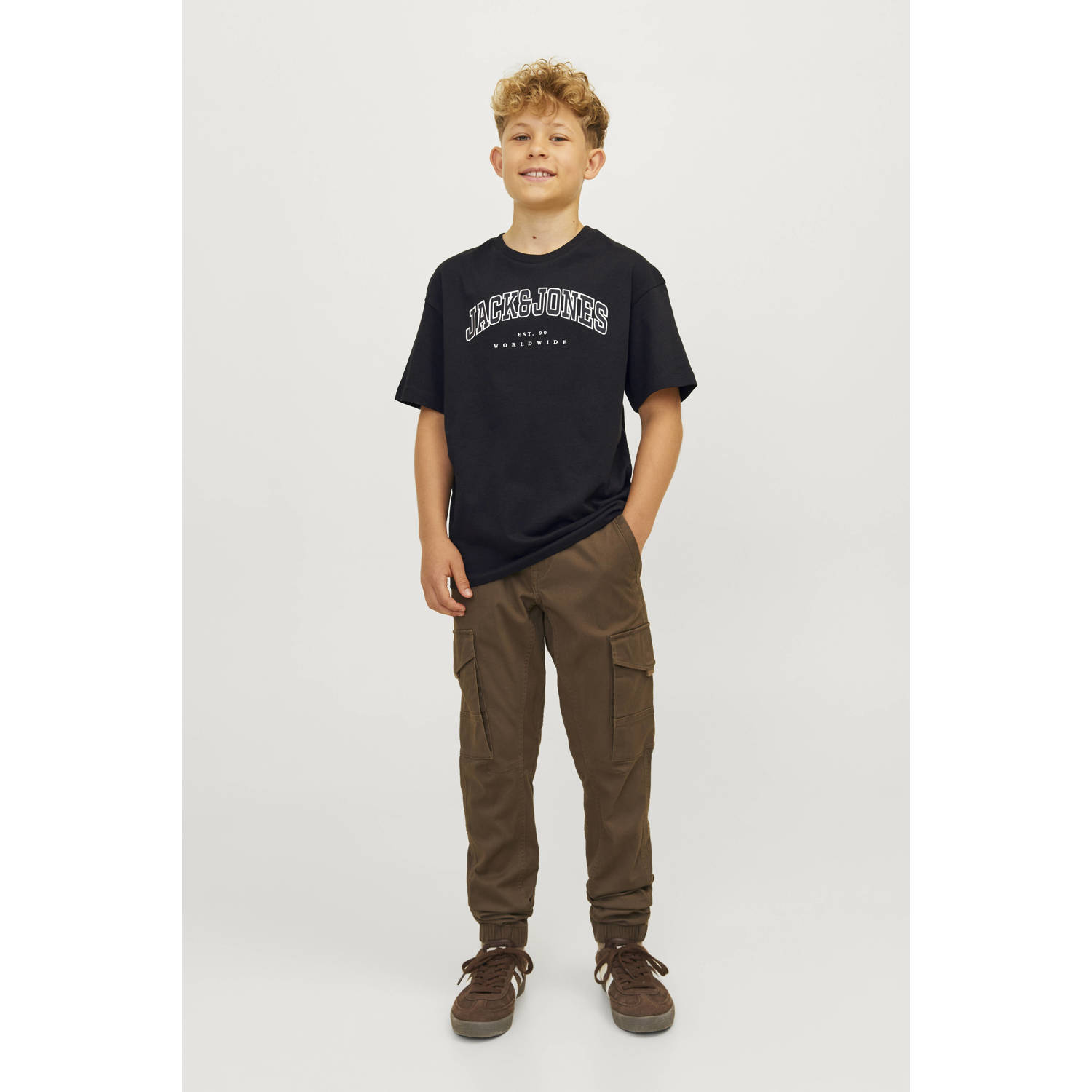 Jack & jones JUNIOR T-shirt JJECALEB VARSITY met logo zwart Jongens Katoen Ronde hals 140
