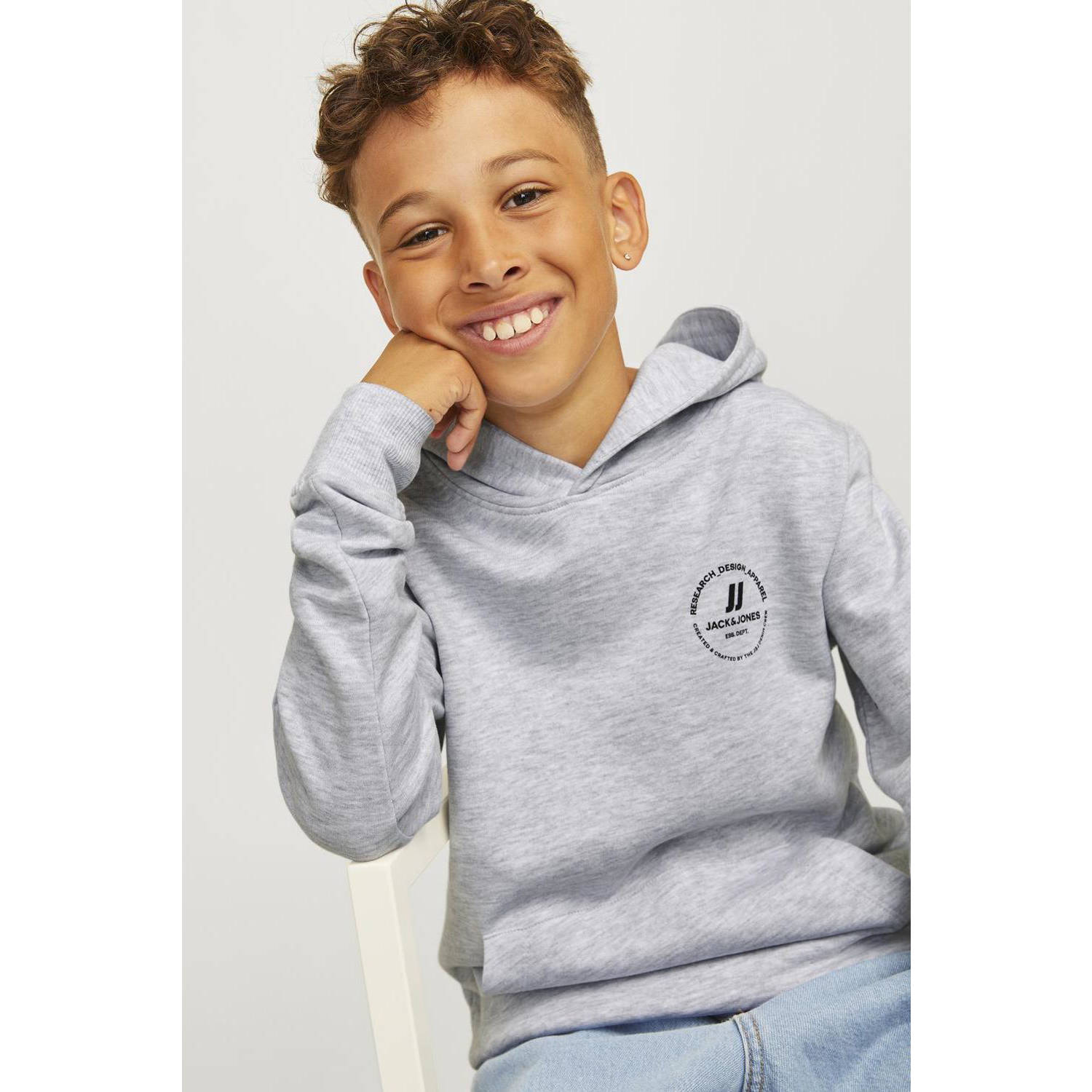 Jack & jones JUNIOR hoodie JJESWIFT met printopdruk wit melange Sweater 140