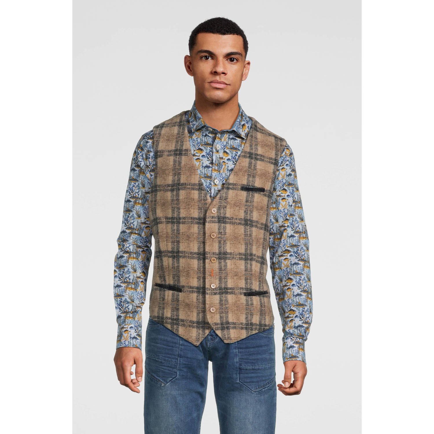 A fish named Fred geruit gilet met wol beige