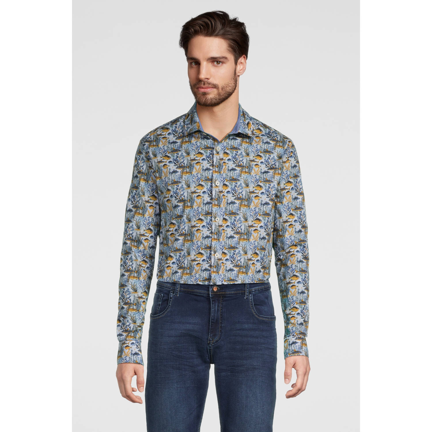 A fish named Fred regular fit overhemd met all over print blauw