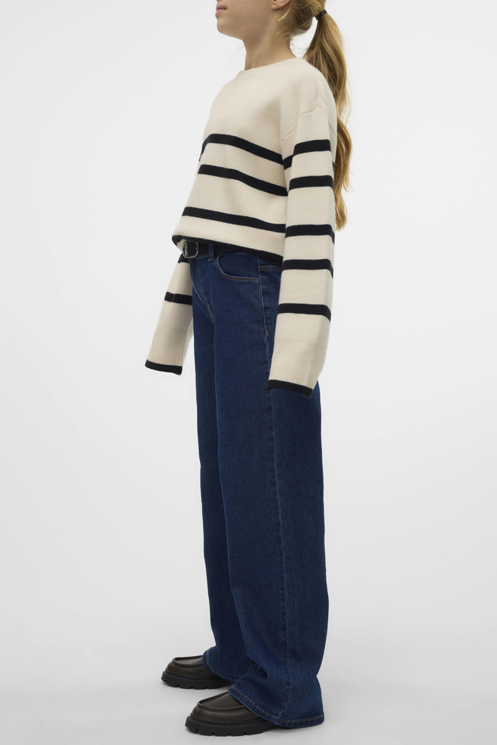Dark blue denim meisjes VERO MODA GIRL wide leg jeans dark blue van stretchdenim met rits- en knoopsluiting en effen
