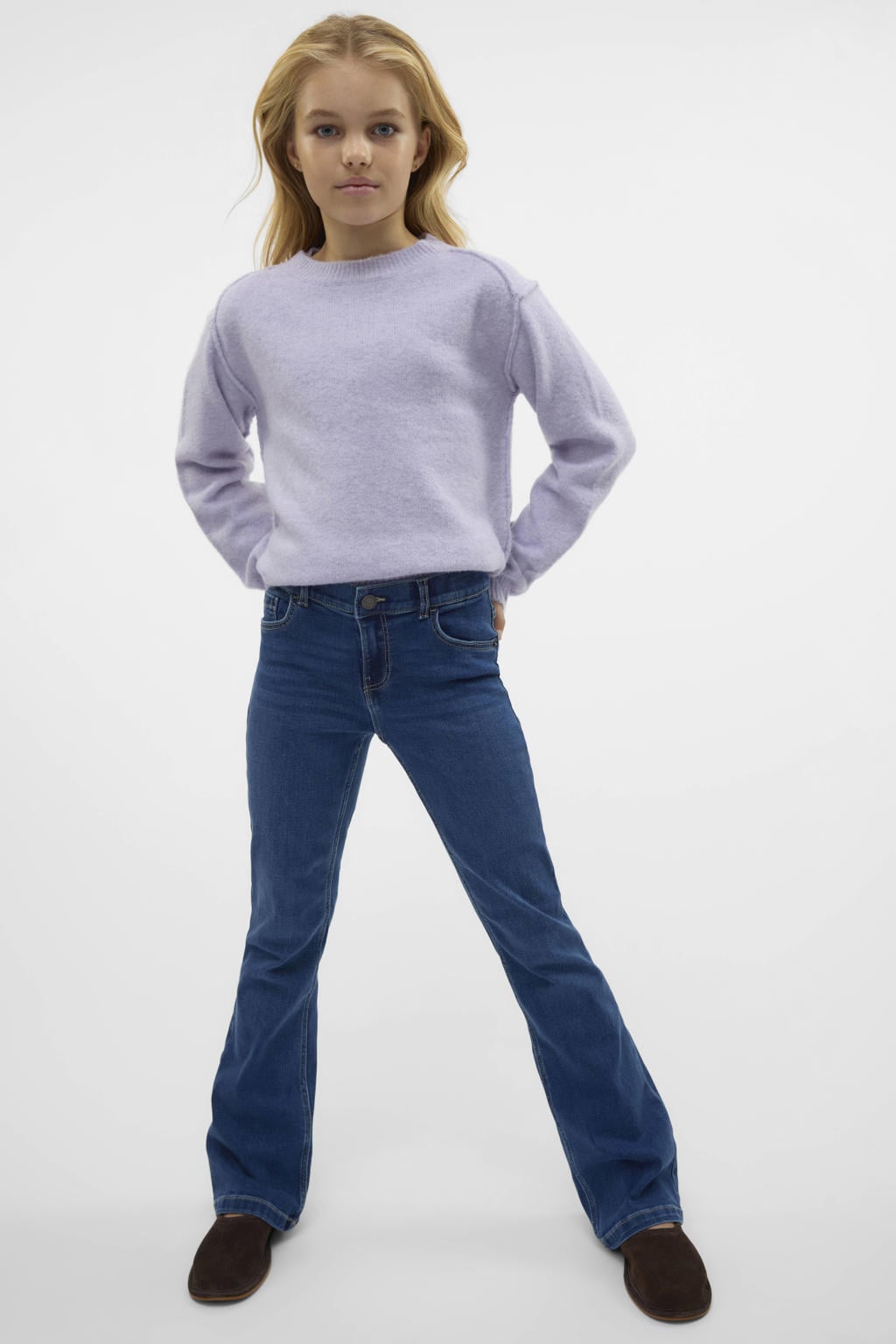 Dark blue denim meisjes VERO MODA GIRL flared jeans dark blue van stretchdenim met rits- en knoopsluiting en effen