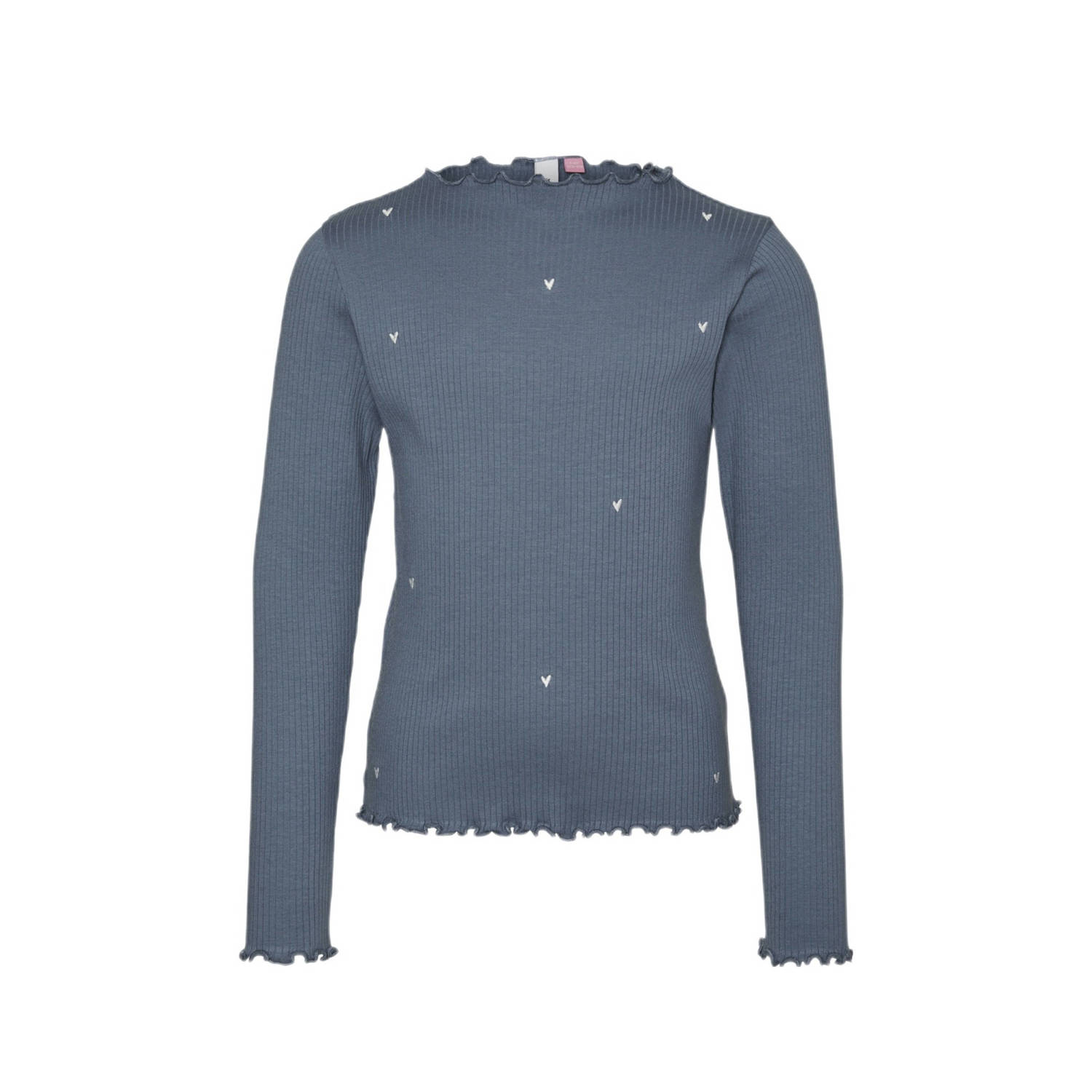 VERO MODA GIRL longsleeve VMLAVENDER KELLY met hartjes en borduursels middenblauw Meisjes Stretchkatoen Ronde hals 134 140