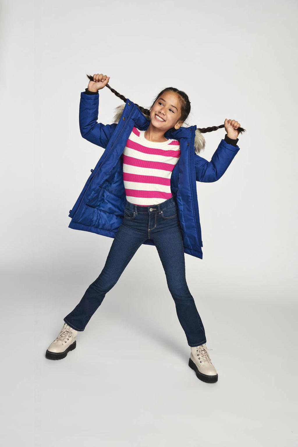 Dark blue denim meisjes KIDS ONLY GIRL flared jeans dark blue van stretchdenim met rits- en knoopsluiting en effen