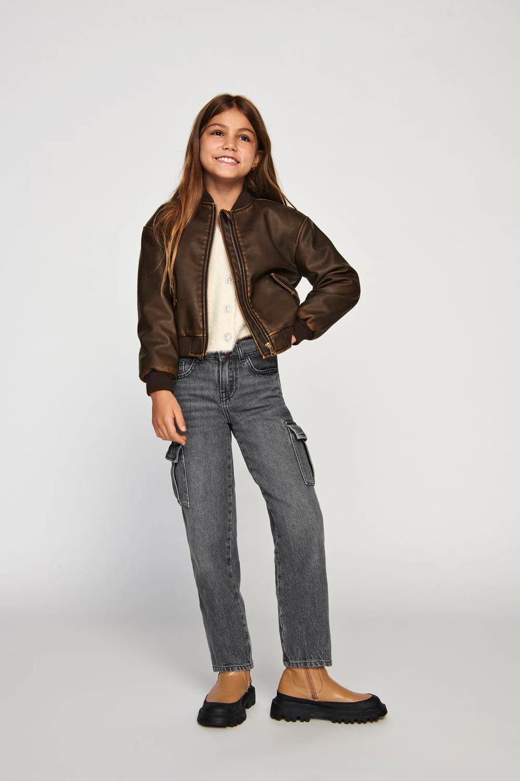 Grijze meisjes KIDS ONLY GIRL wide leg jeans van denim met rits- en knoopsluiting en effen