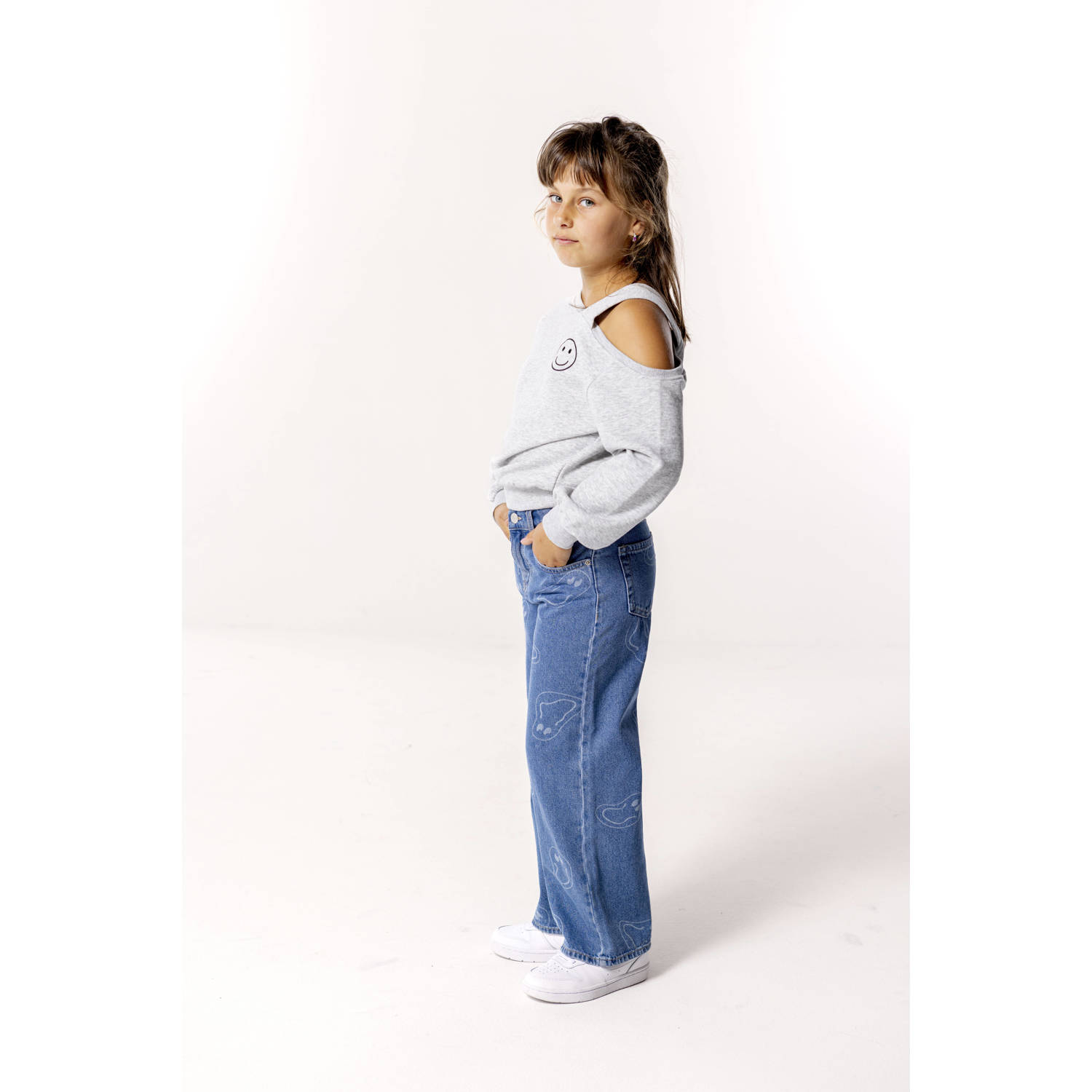 ONLY KIDS GIRL wide leg jeans KOGMEGAN met all over print medium blue denim