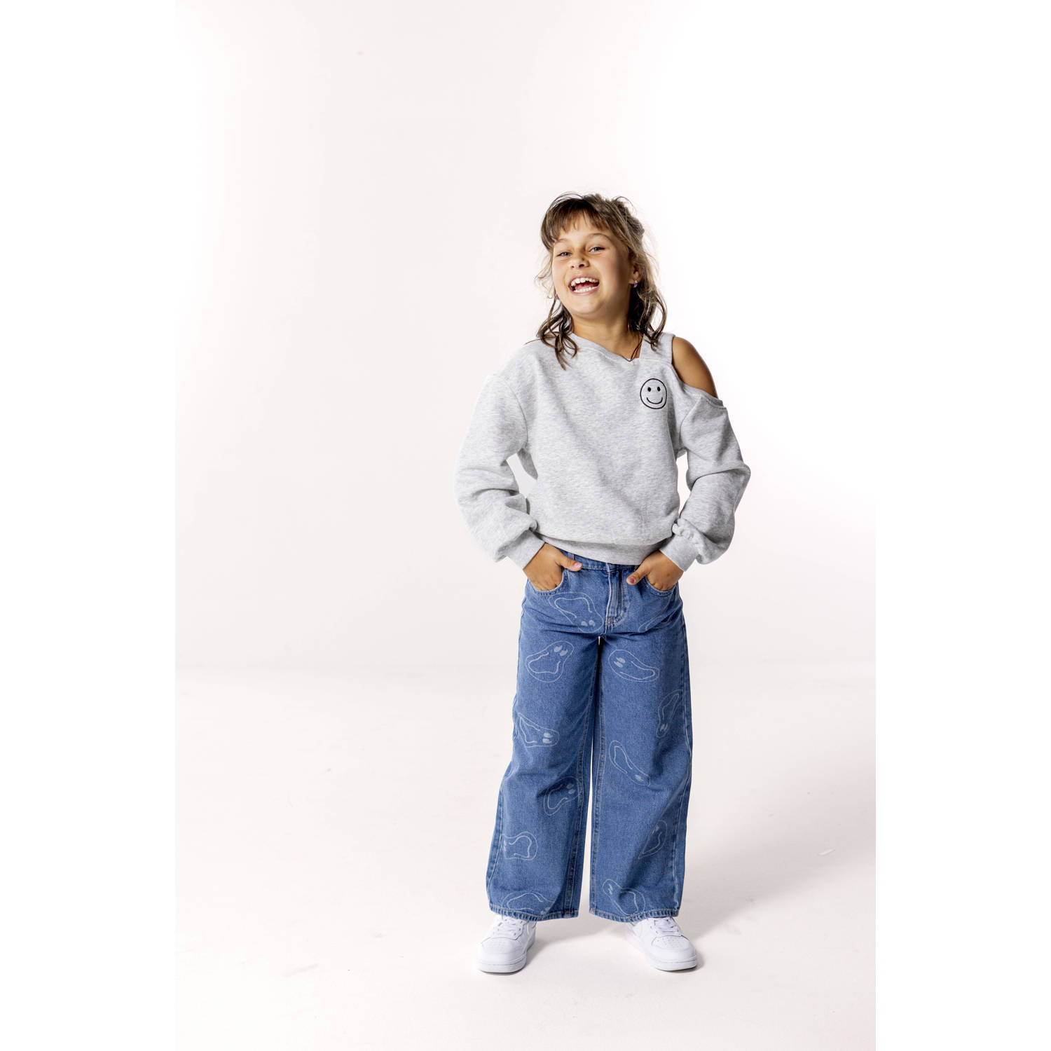 ONLY KIDS GIRL wide leg jeans KOGMEGAN met all over print medium blue denim