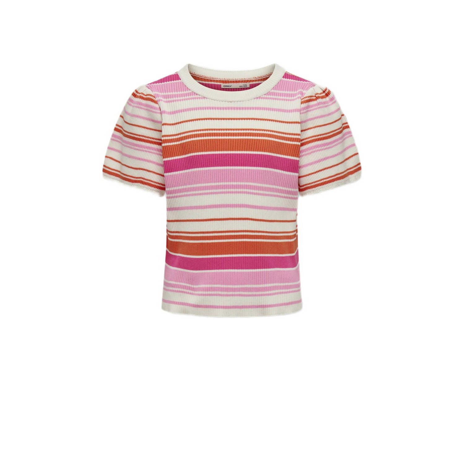 Only KIDS GIRL gestreepte ribgebreide top KOGBIANKA roze ecru oranje Meisjes Polyester Ronde hals 122 128