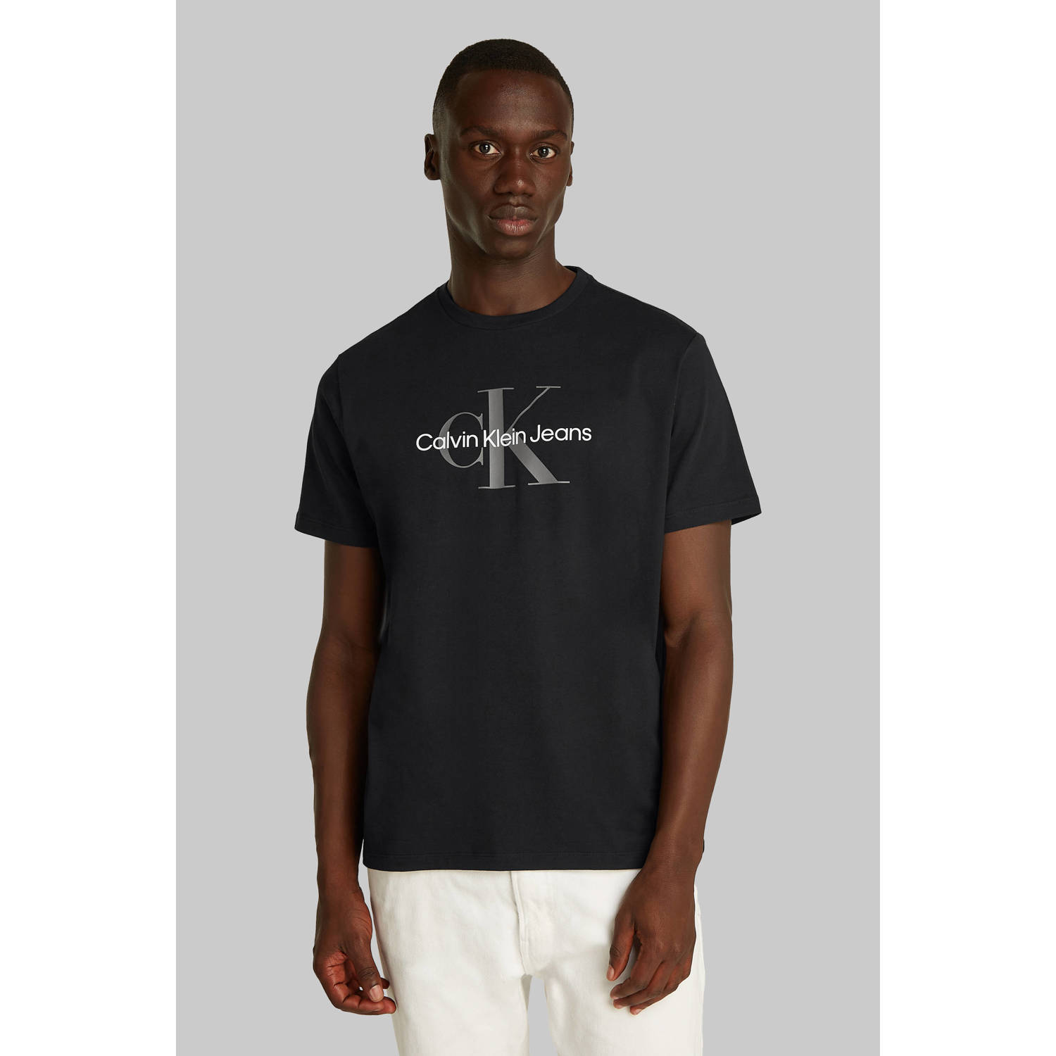 Calvin Klein Jeans Zwart Bedrukt Katoenen T-Shirt met Ronde Hals Black Heren
