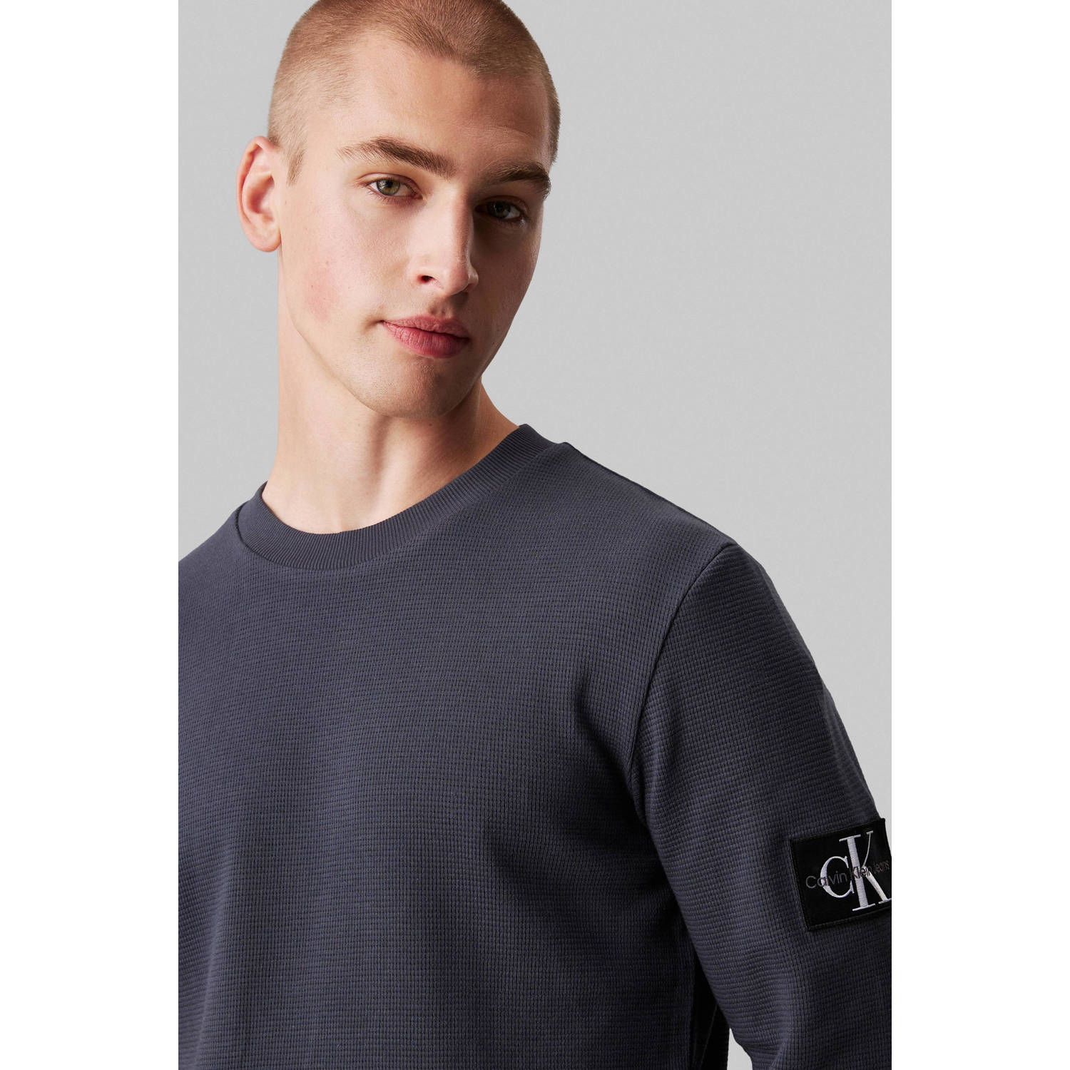 CALVIN KLEIN JEANS slim fit longsleeve Waffle met ingebreid patroon