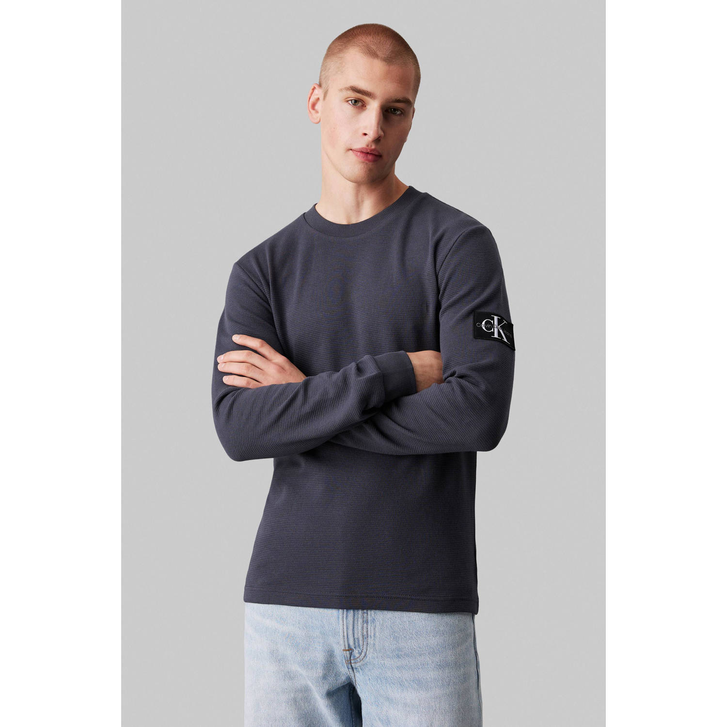 CALVIN KLEIN JEANS slim fit longsleeve Waffle met ingebreid patroon