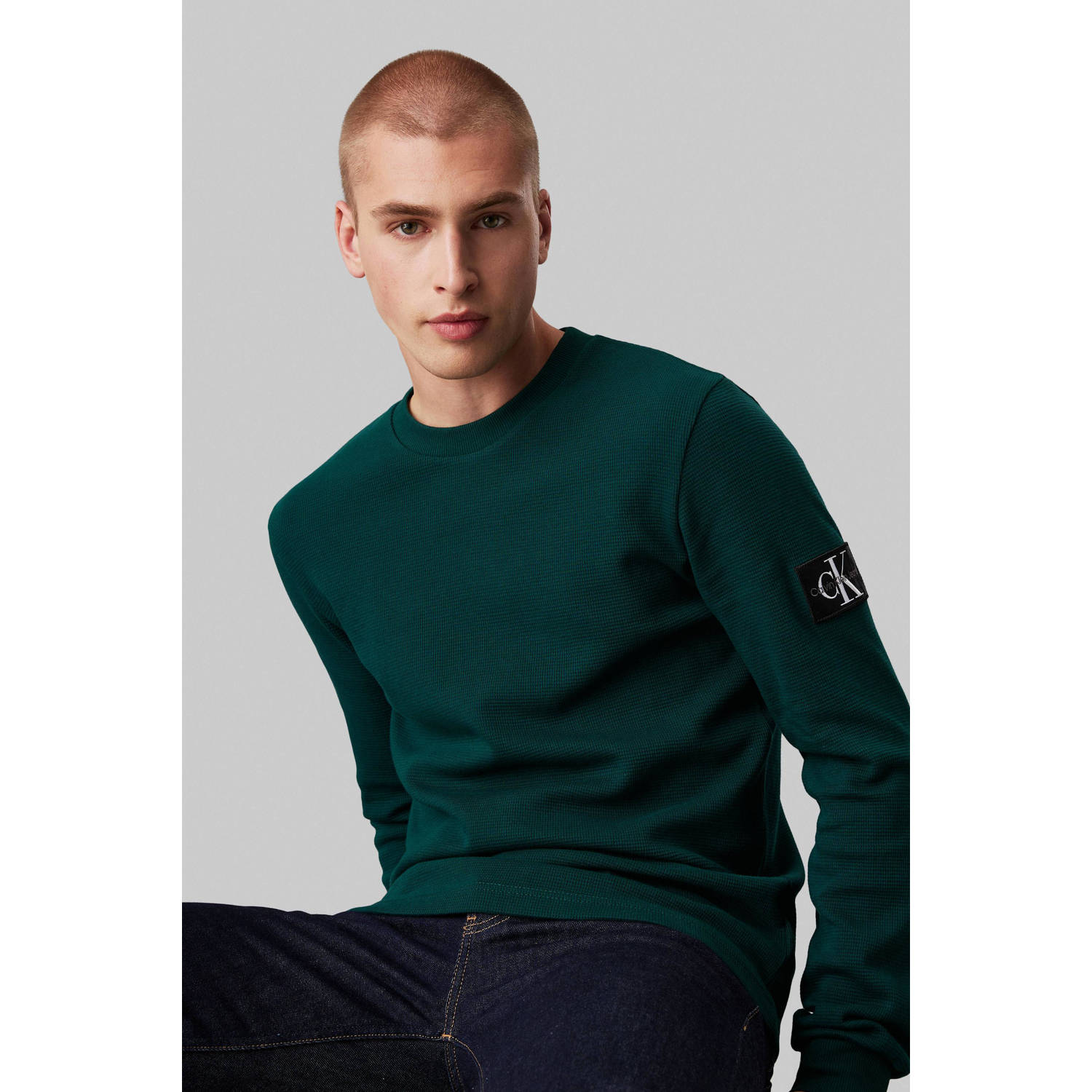 CALVIN KLEIN JEANS slim fit longsleeve Waffle met ingebreid patroon