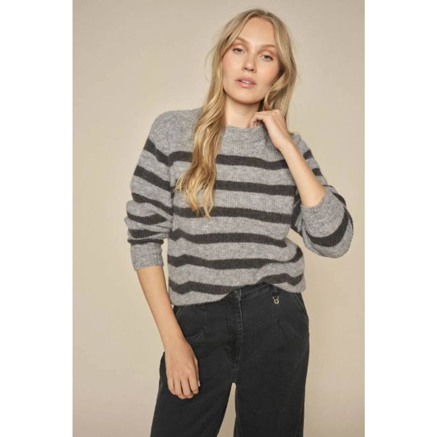 MOS MOSH Dames Truien & Vesten Thora Stripe Crewneck Knit Antraciet