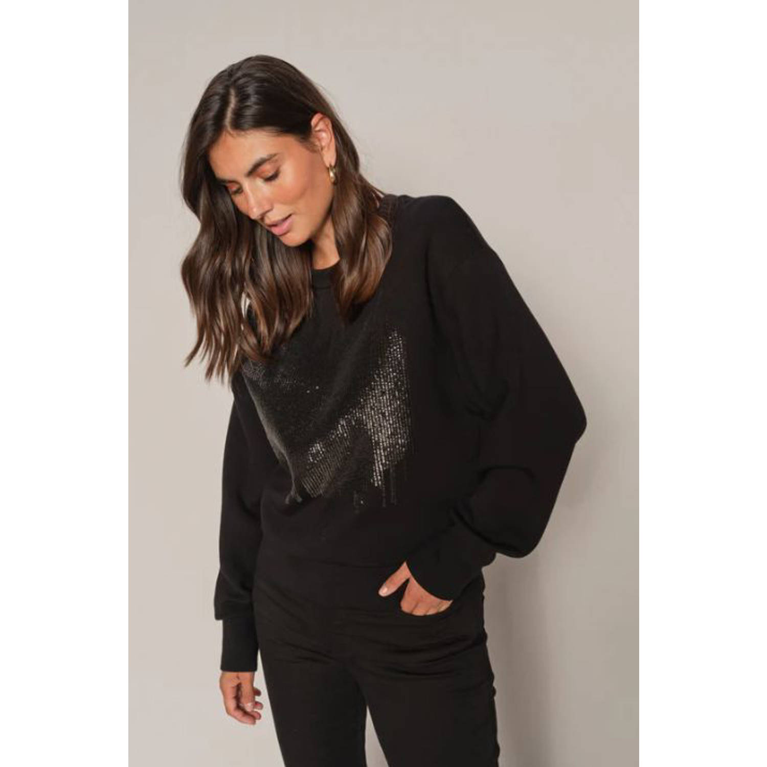 MOS MOSH Zwarte Glam Sweatshirt met Pailletdetails Black Dames