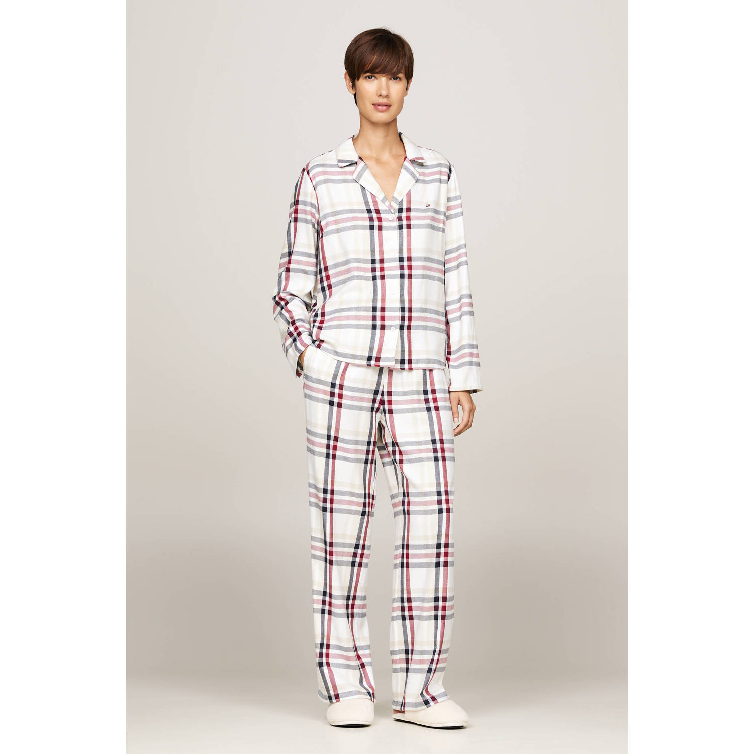 Tommy Hilfiger giftbox flanellen pyjama + sloffen wit rood zwart