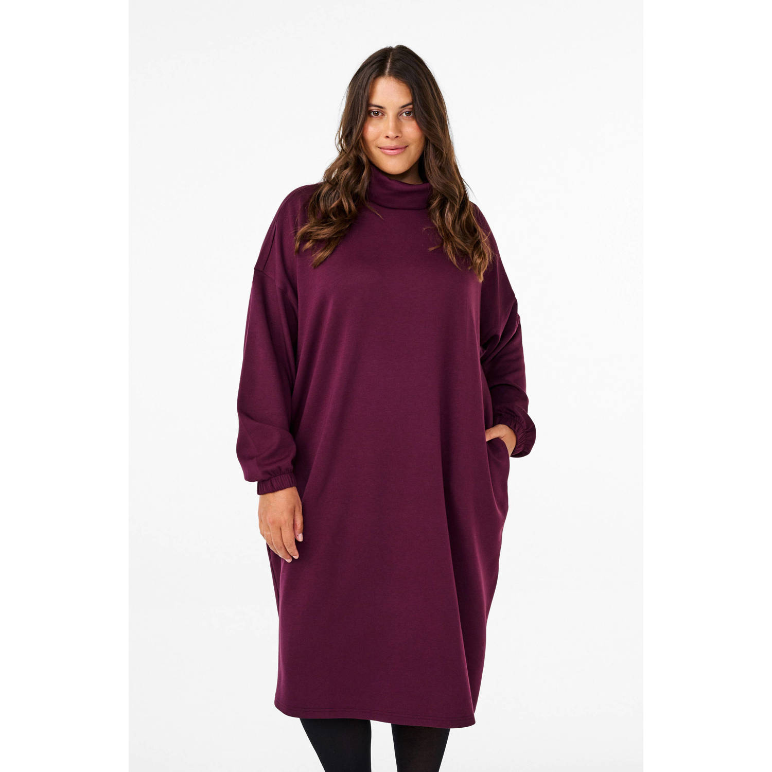 Zizzi sweatjurk met col MALISA donkerrood