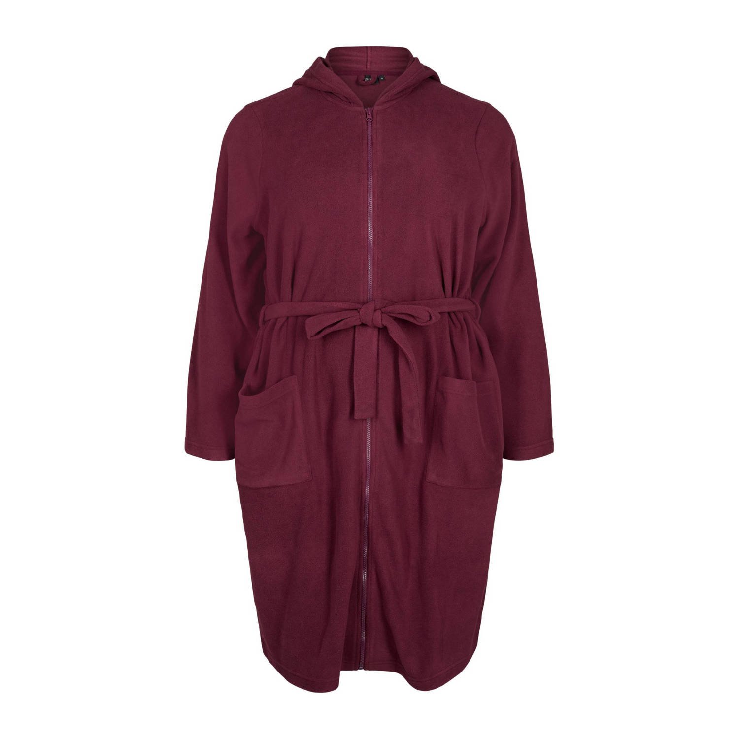 Zizzi fleece badjas met capuchon en ritssluiting MLISE donkerrood