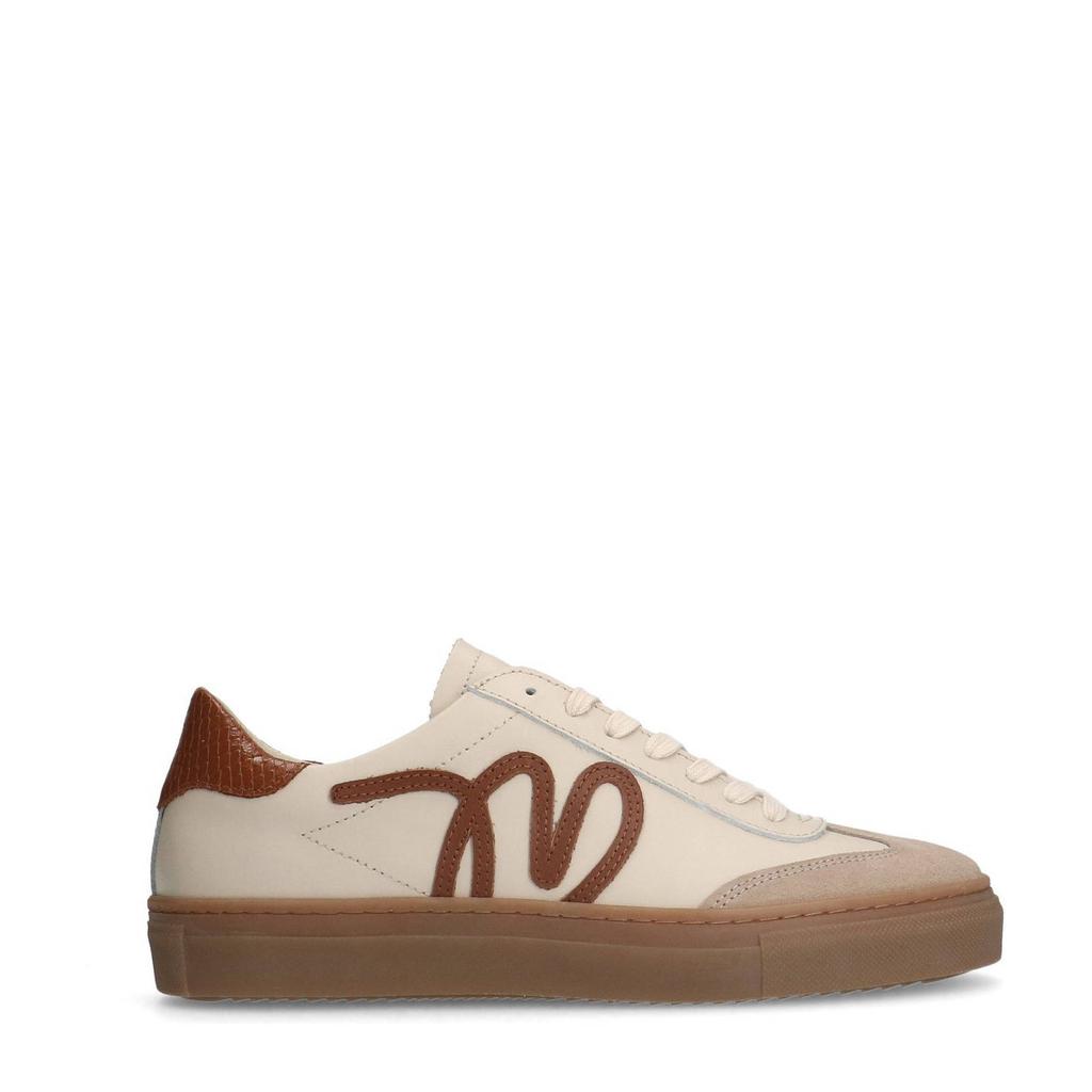Beige dames Manfield leren sneakers met veters
