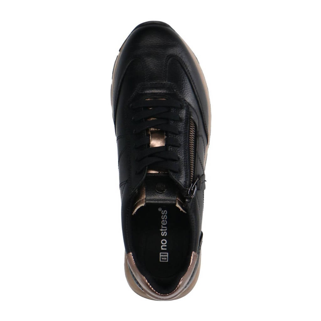 No Stress - Dames - Zwarte leren sneakers met suède details - Maat 38