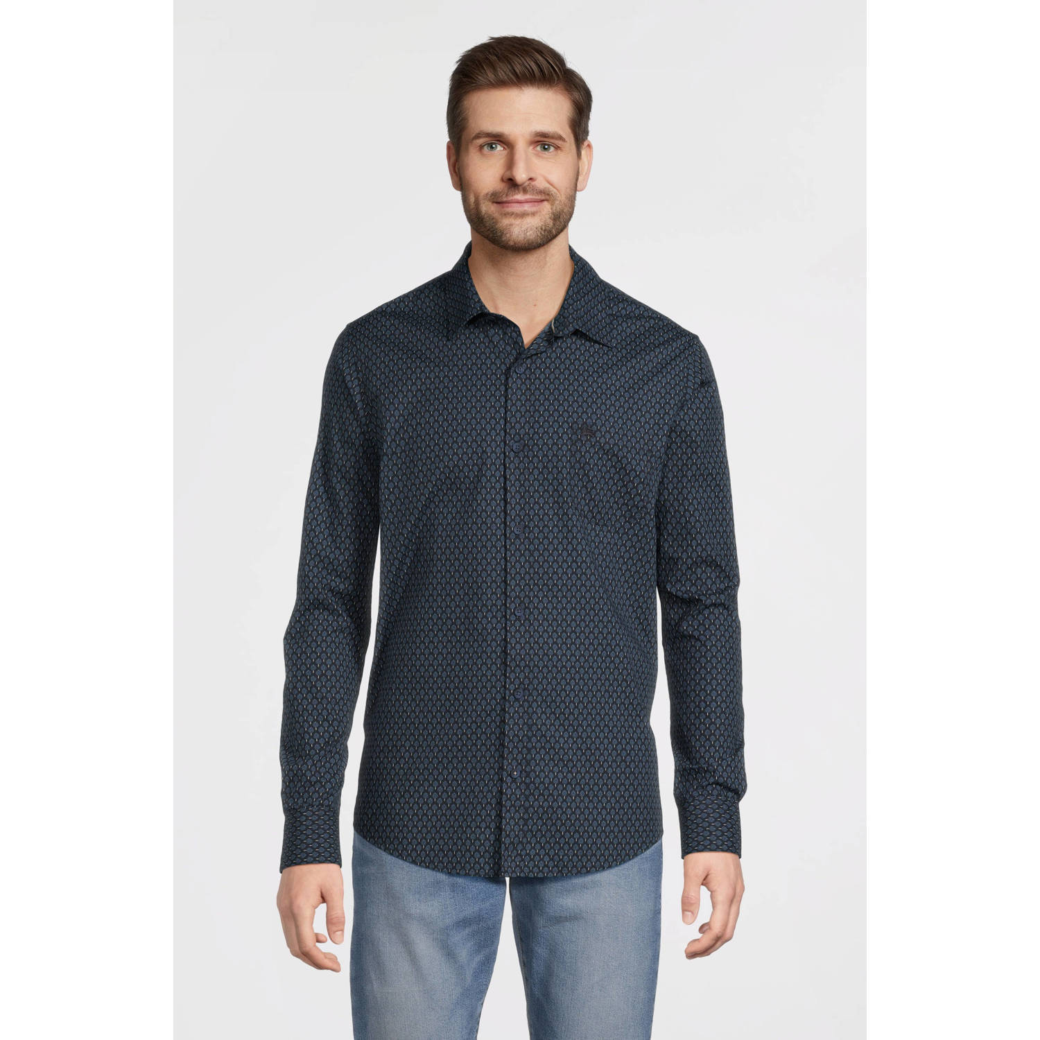 LERROS regular fit overhemd met all over print donkerblauw