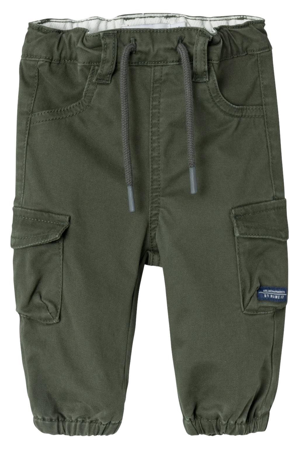 Donkergroene jongens NAME IT BABY baby cargobroek van katoen met loose fit, elastische tailleband met koord en effen