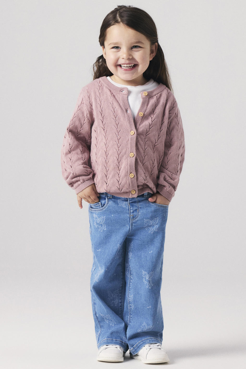 Oudroze meisjes NAME IT MINI katoenen gebreide vest met lange mouwen, ronde hals en knoopsluiting