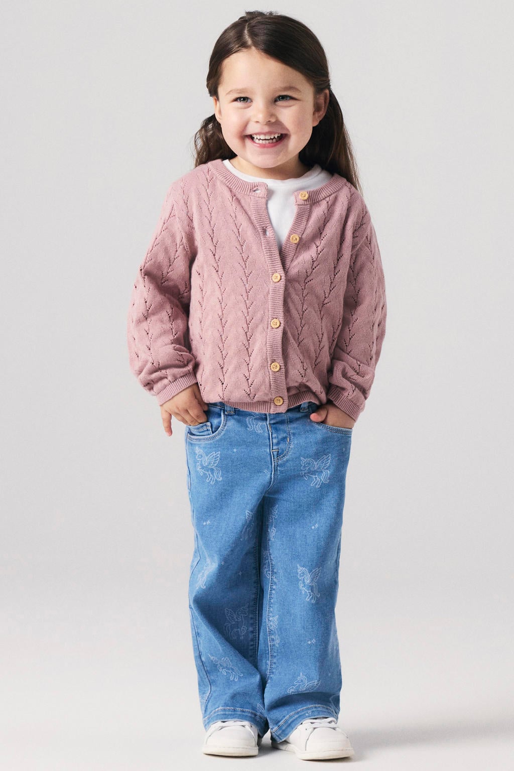 Lichtgrijze meisjes NAME IT MINI vest mauve van katoen met effen, lange mouwen, ronde hals, knoopsluiting en gebreide details