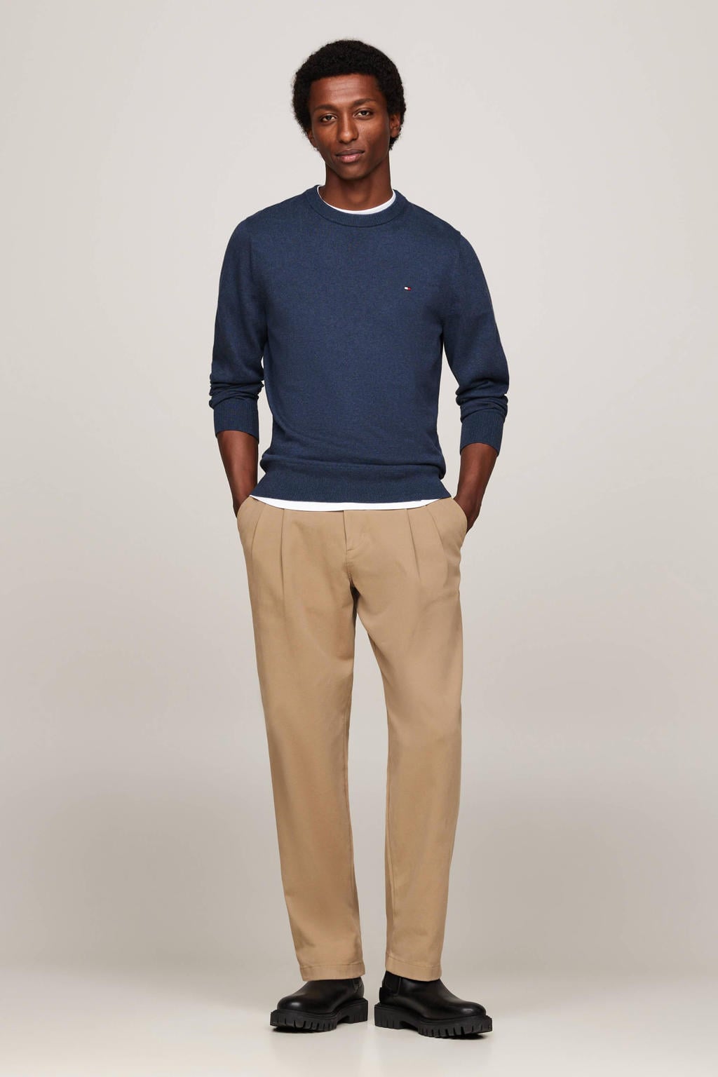 Blauwe heren Tommy Hilfiger trui Aegean Sea Heather van katoen met effen, lange mouwen en ronde hals