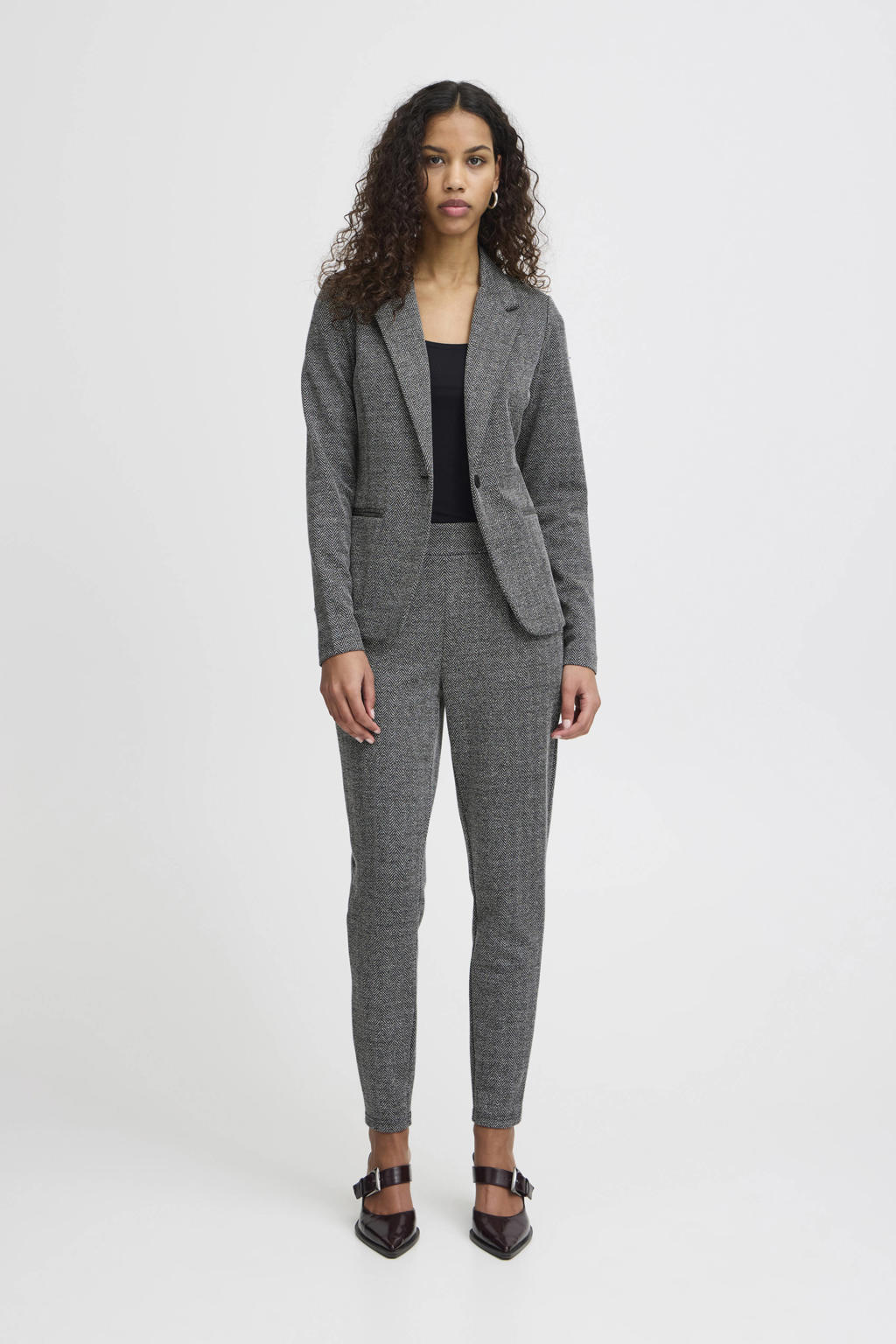 Grijze dames ICHI getailleerde blazer van polyester met effen, lange mouwen, reverskraag en knoopsluiting