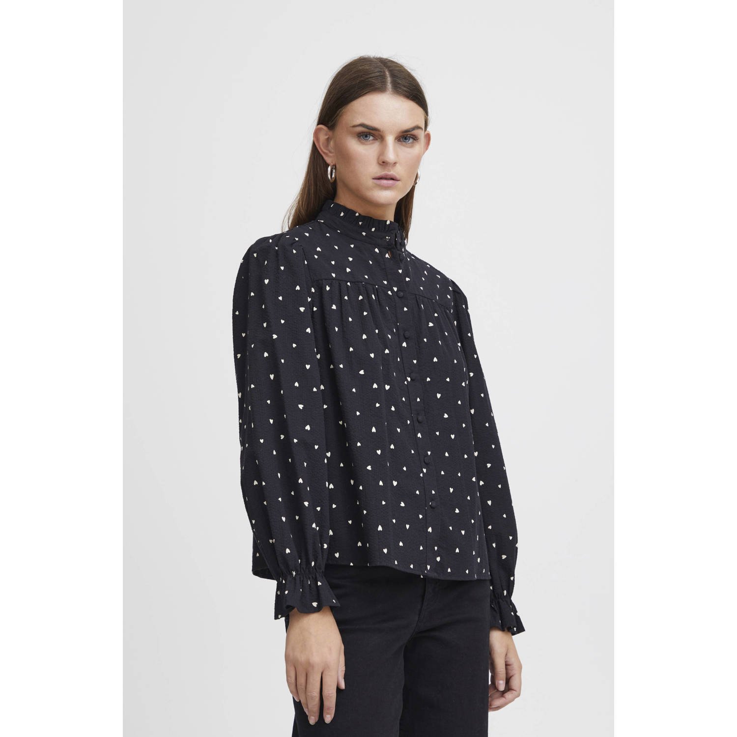 ICHI blouse IHQWISSA met hartjes en ruches zwart wit