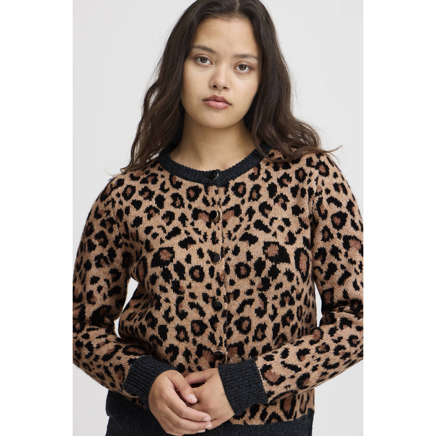 ICHI vest OHLIVONI met panterprint bruin lichtbruin zwart