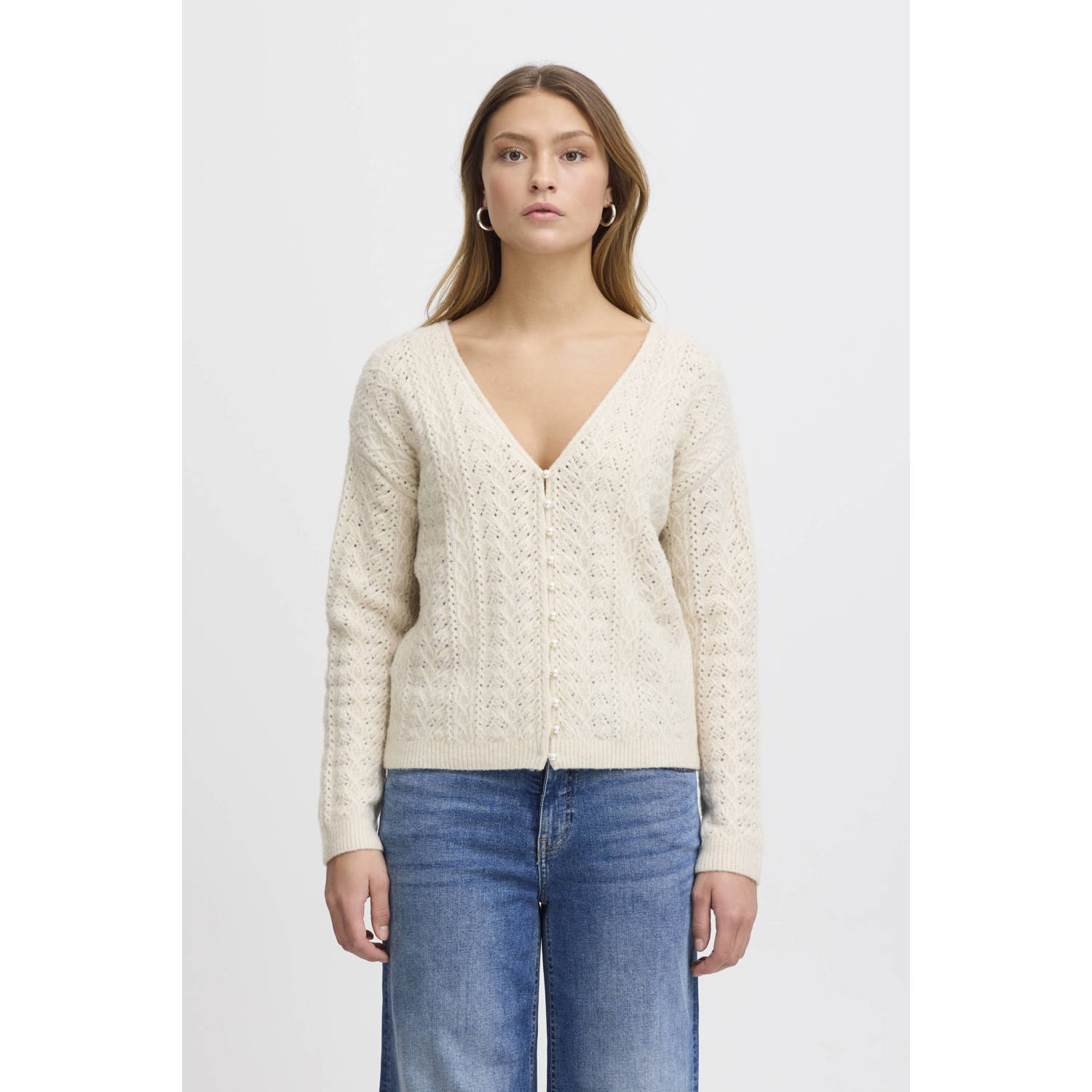 Ichi Gebreide Almond Milk Sweater White Dames