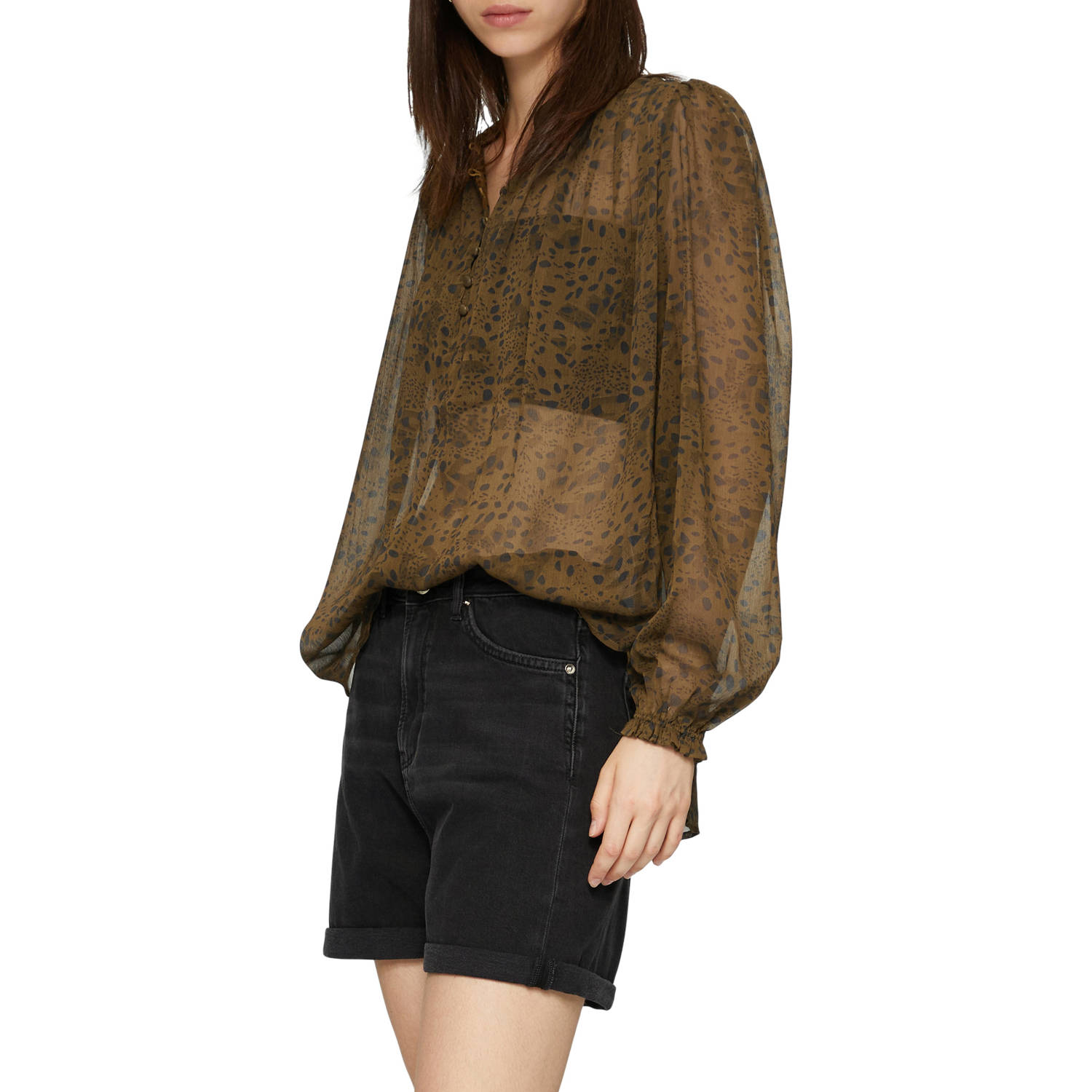 Q S by s.Oliver semi-transparante blouse met all over print en ruches grijsgroen zwart