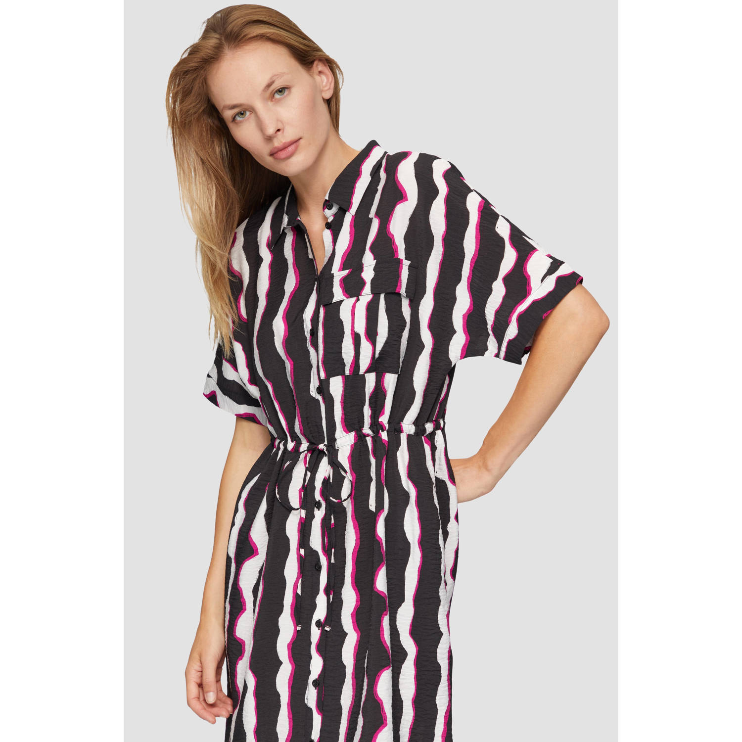 S.Oliver blousejurk met all over print en ceintuur zwart ecru paars